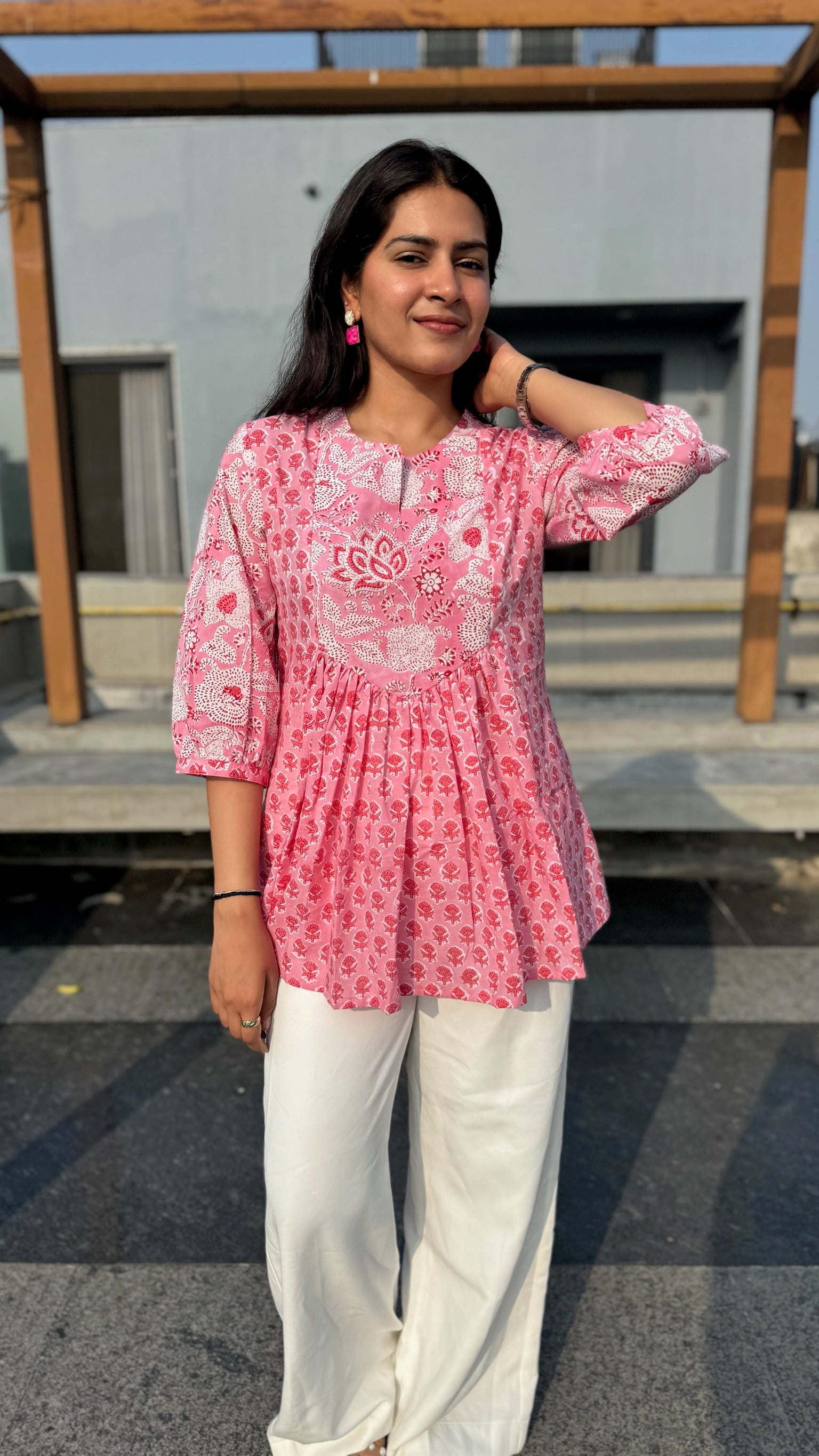 Peach Pink Gather Short Kurti