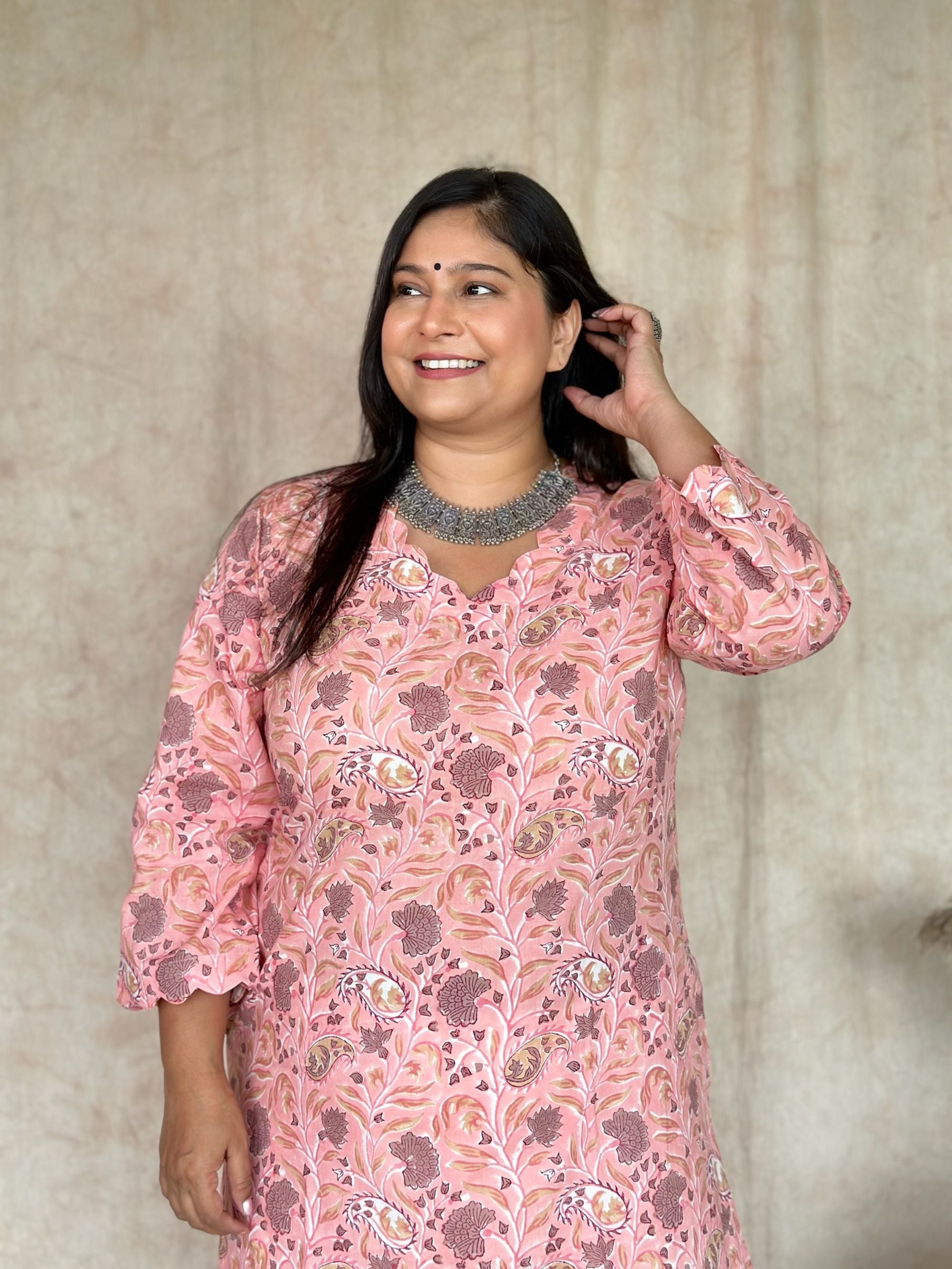 Guava Pink Block Printed Long Kurta