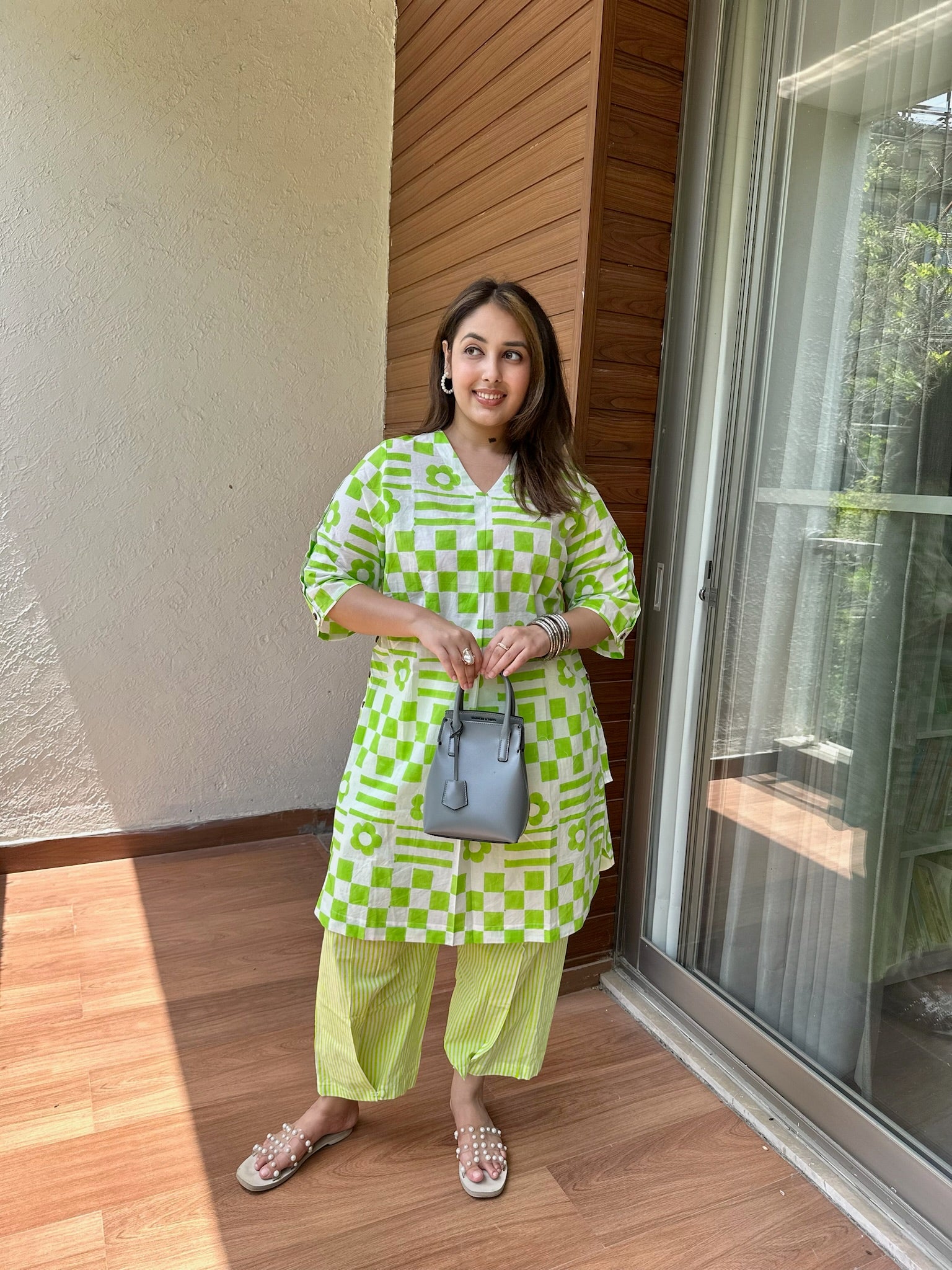 Lime Check Side Placket Boxy Co-ord Set