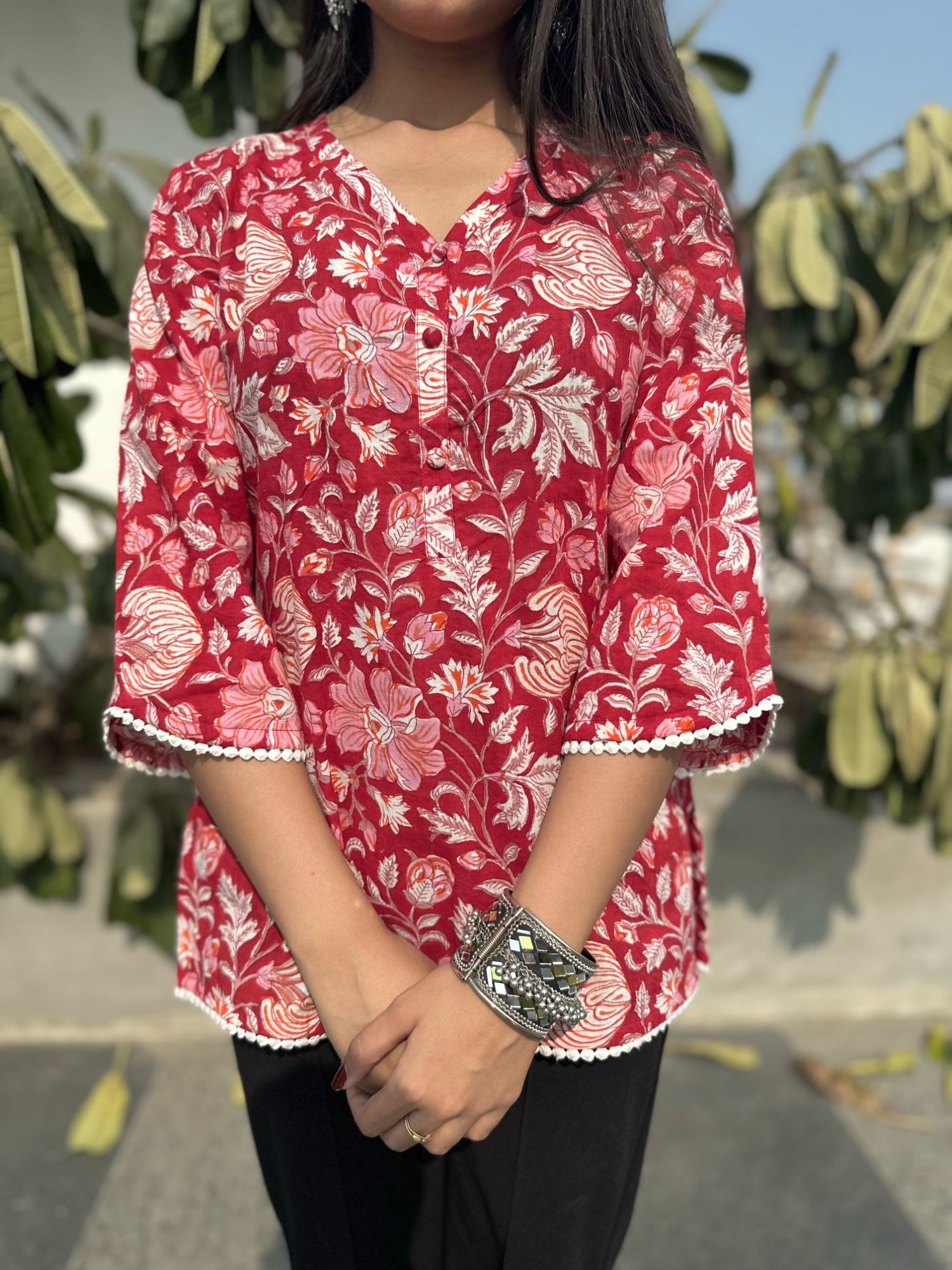 Rose Red Lace Short Kurti