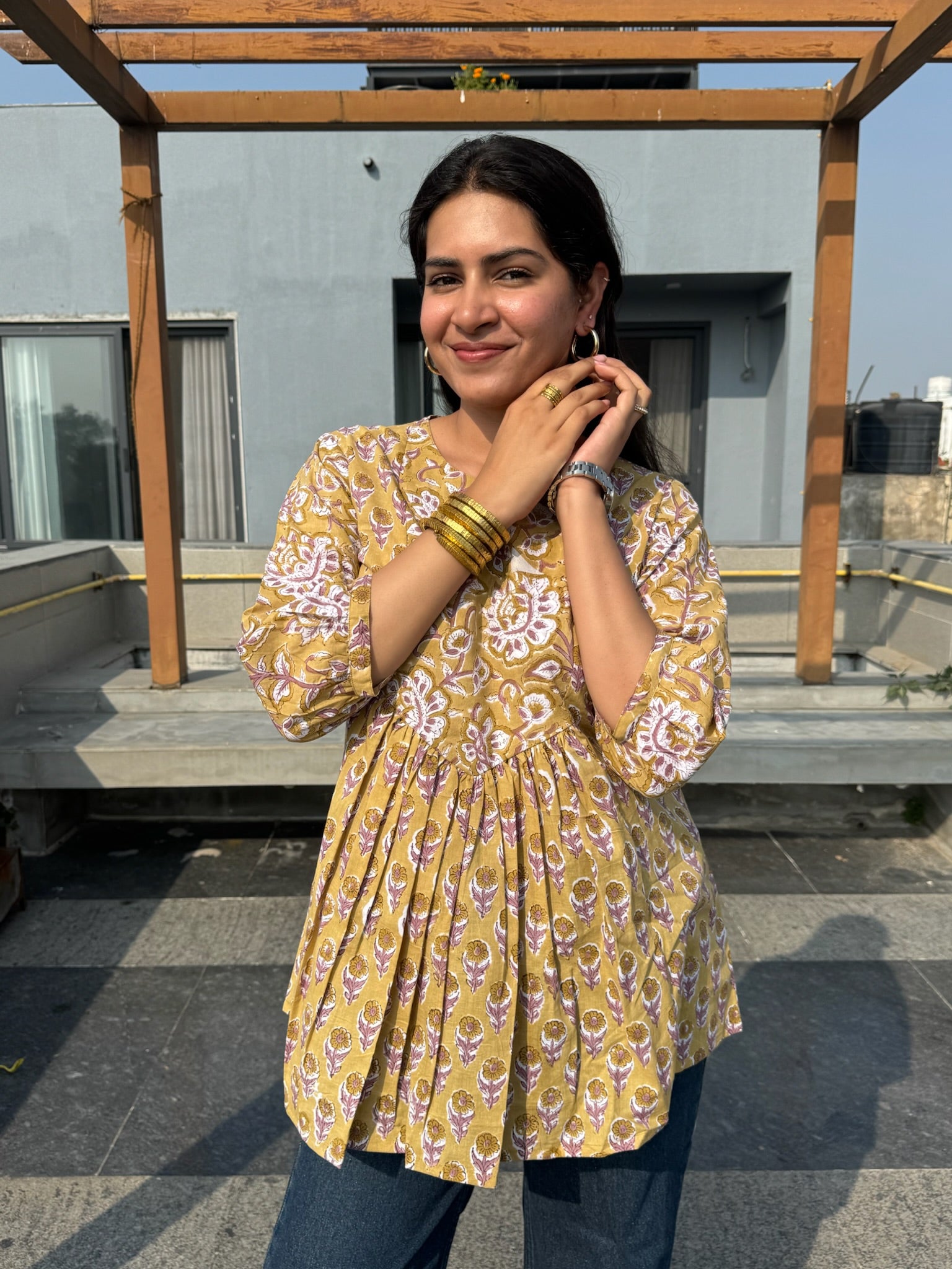 Mud Floral Gather Short Kurti