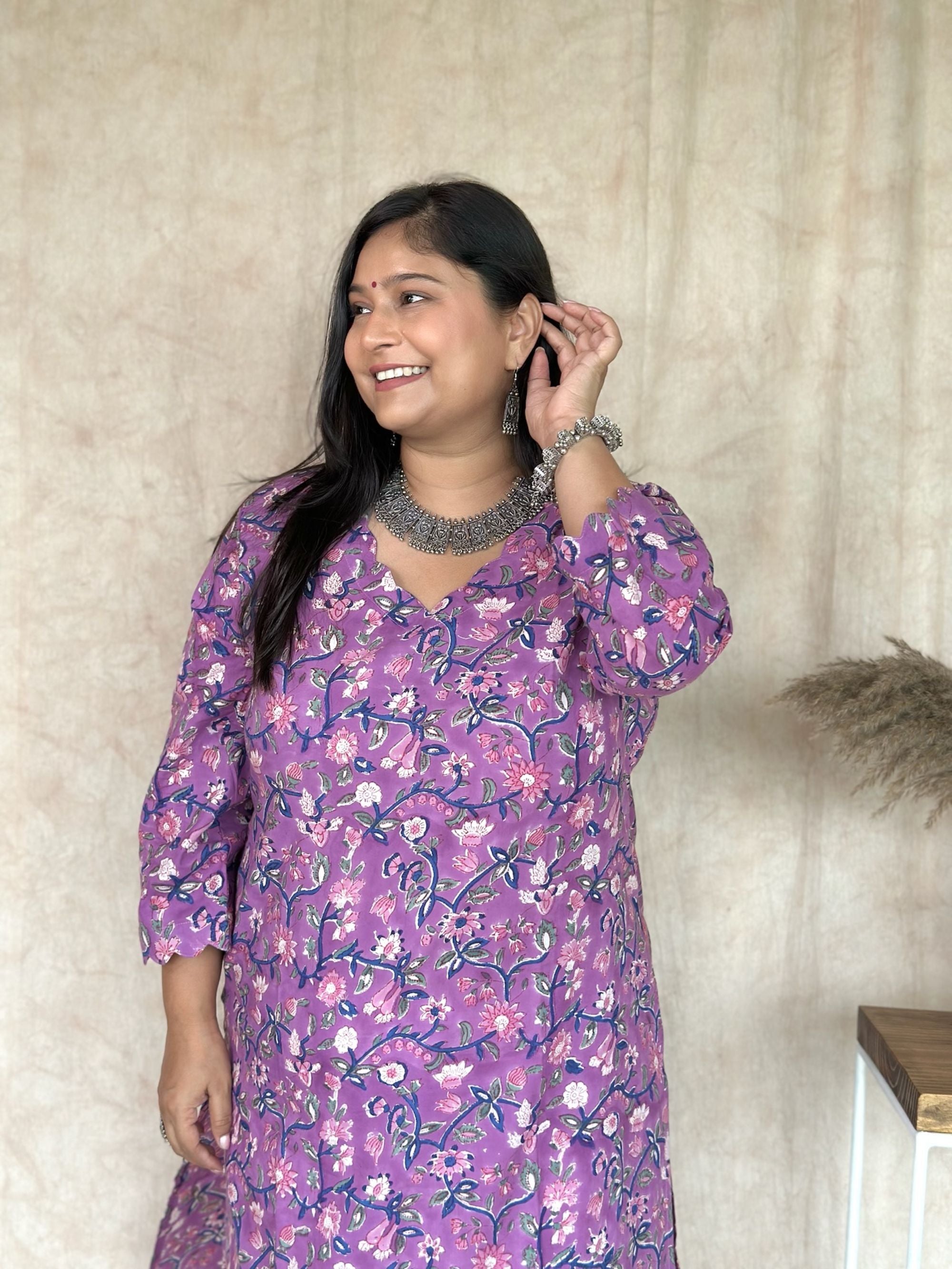 Vivid Violet Block Printed Long Kurta