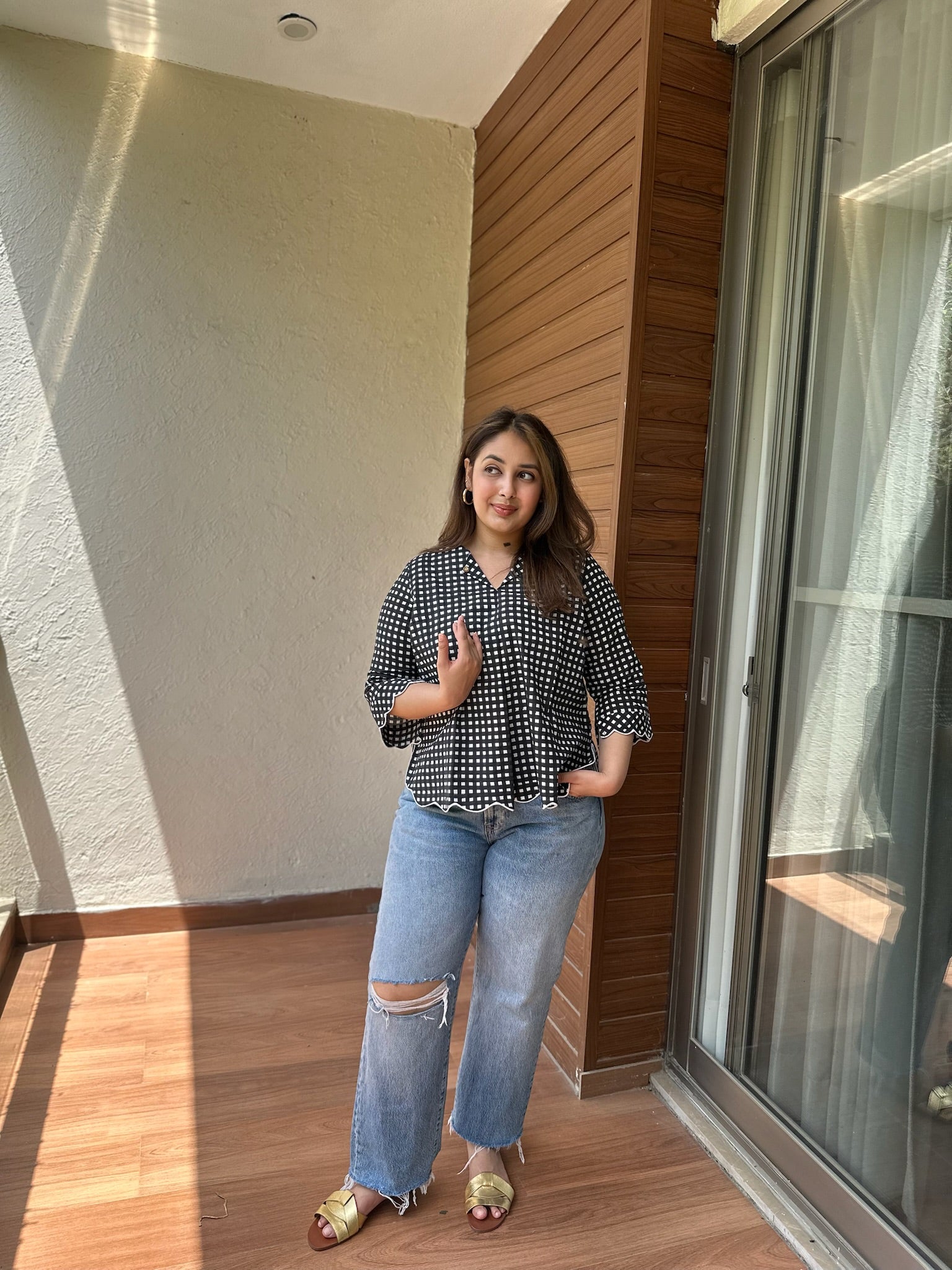 Black White Gingham Scallop Top