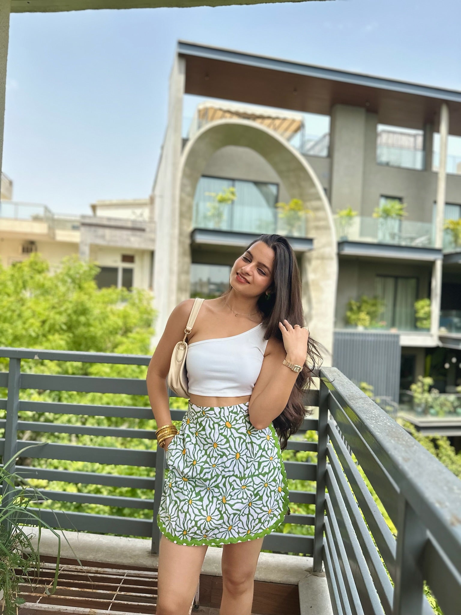 Olive Green Floral Printed Lace Skort