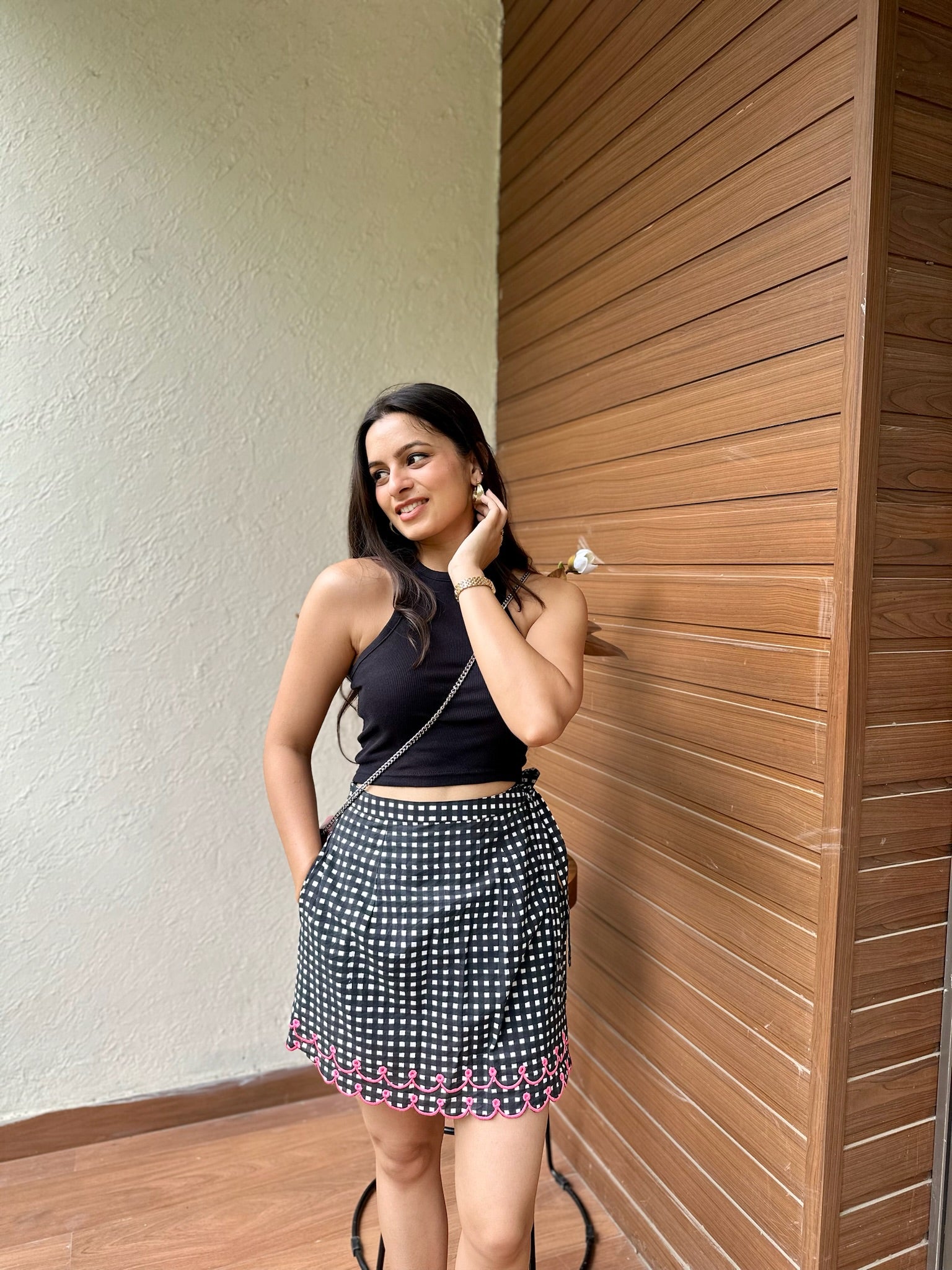 Black Pink Squared Embroidery Skort