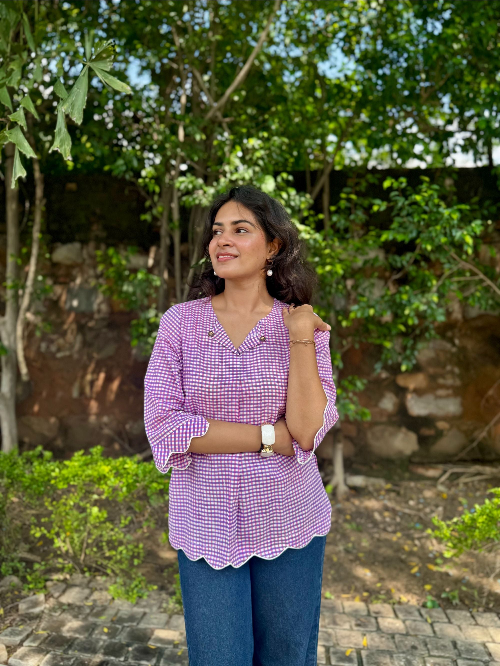 Pink Purple Gingham Scallop Top