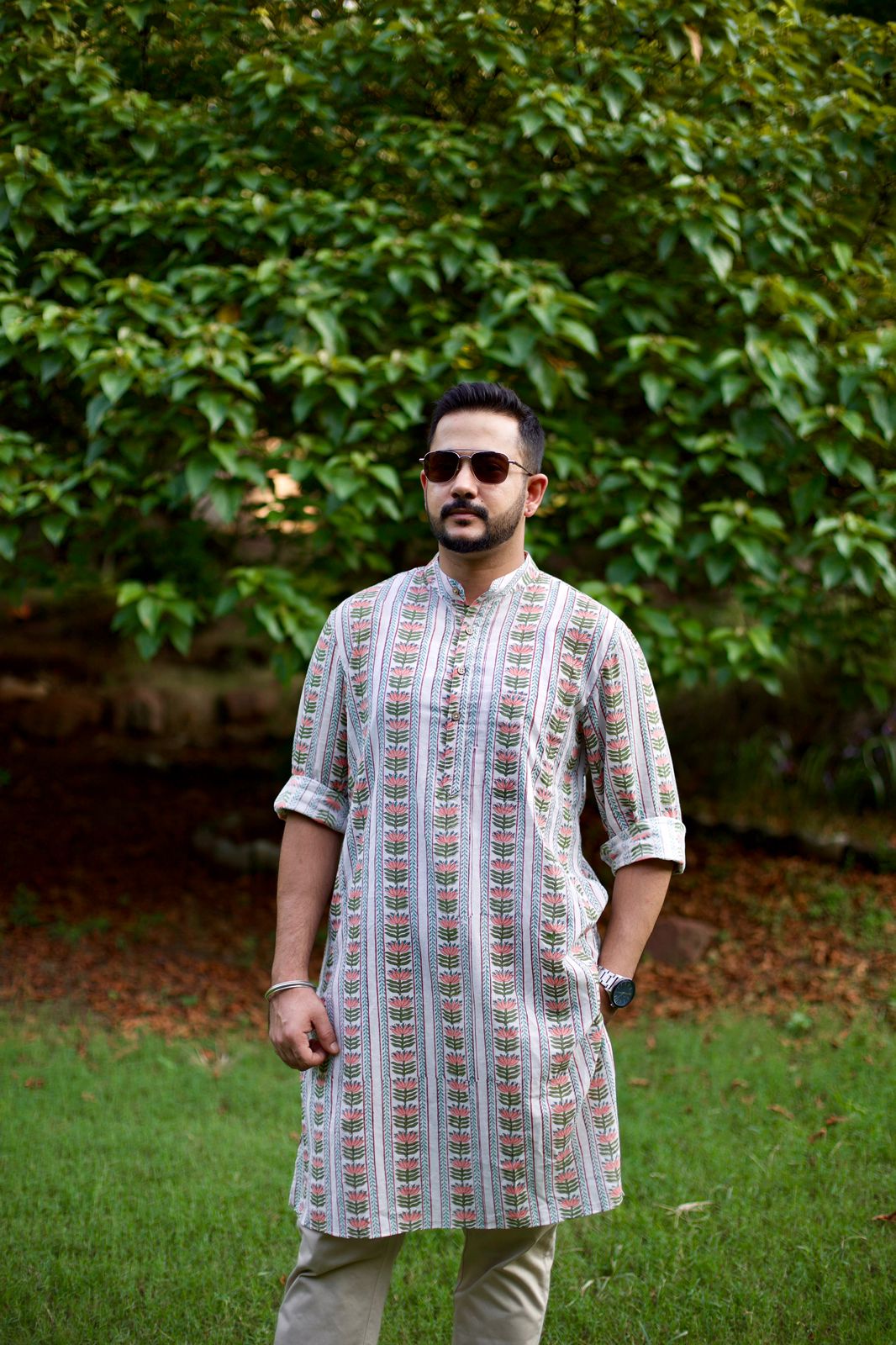 Men Lotus In Stripe Printed Cotton Kurta