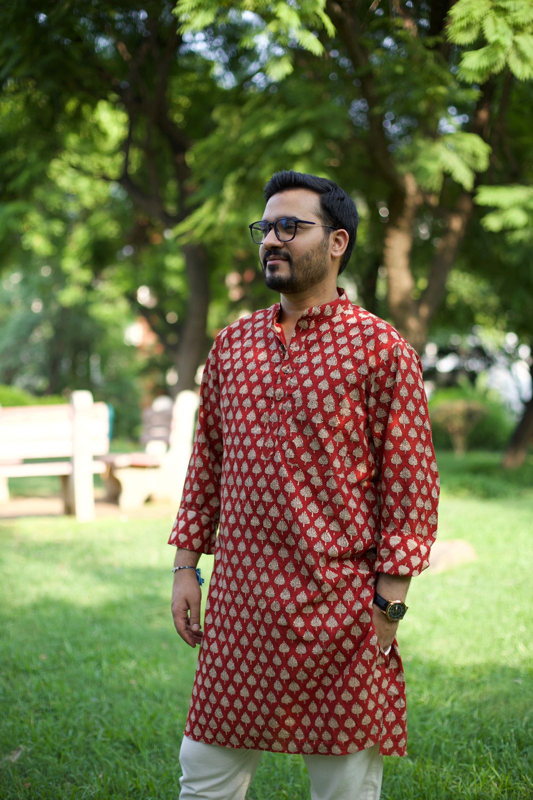 Men Red Block Printed Cotton Kurta