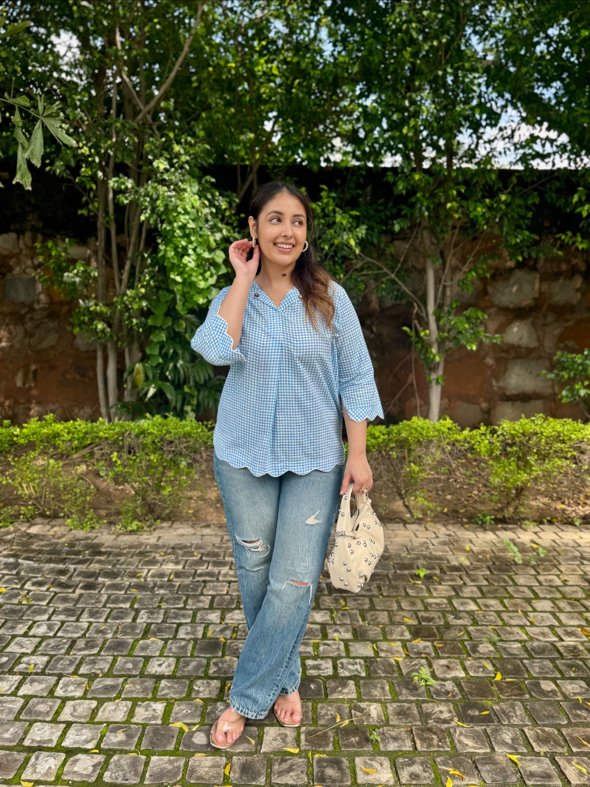 Turquoise Blue Gingham Scallop Top