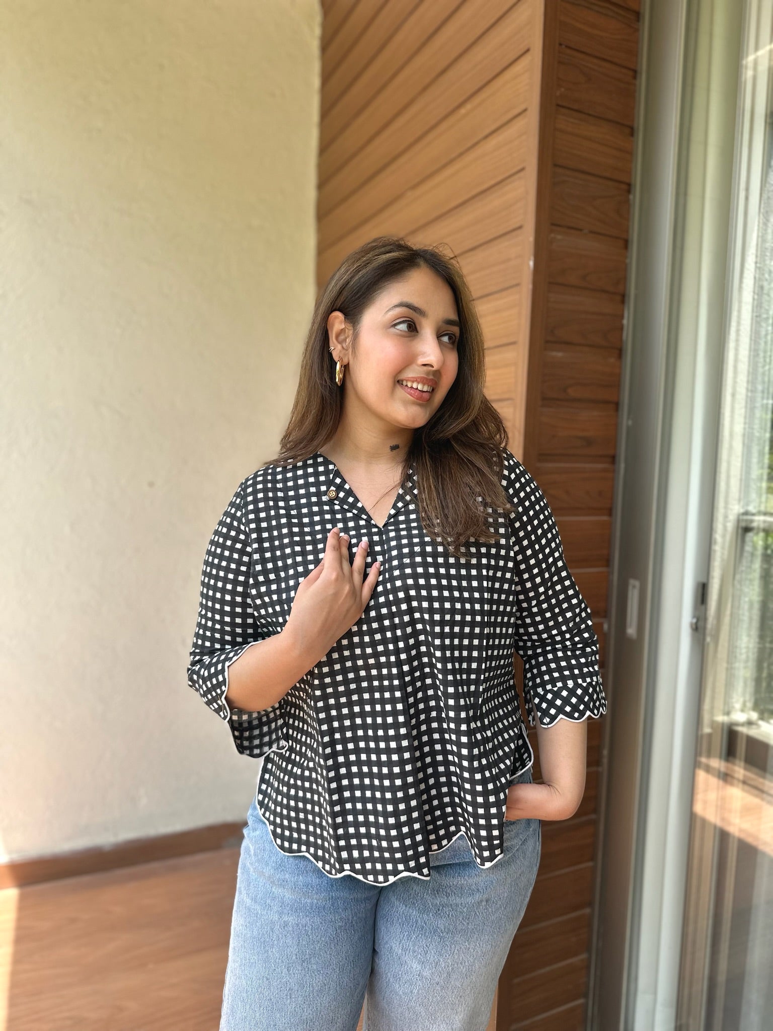 Black White Gingham Scallop Top