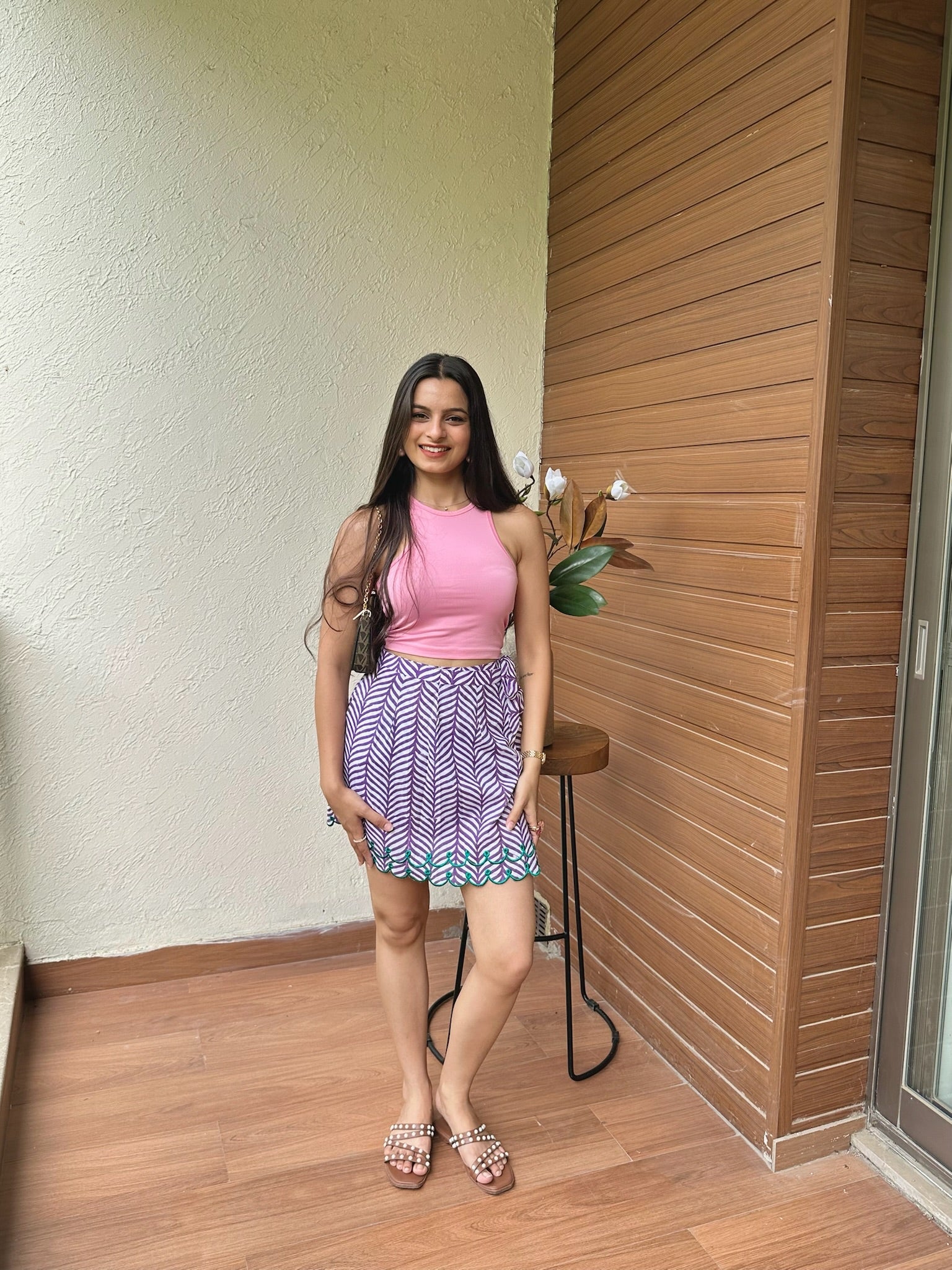 Plum Green Leafy Embroidery Skort