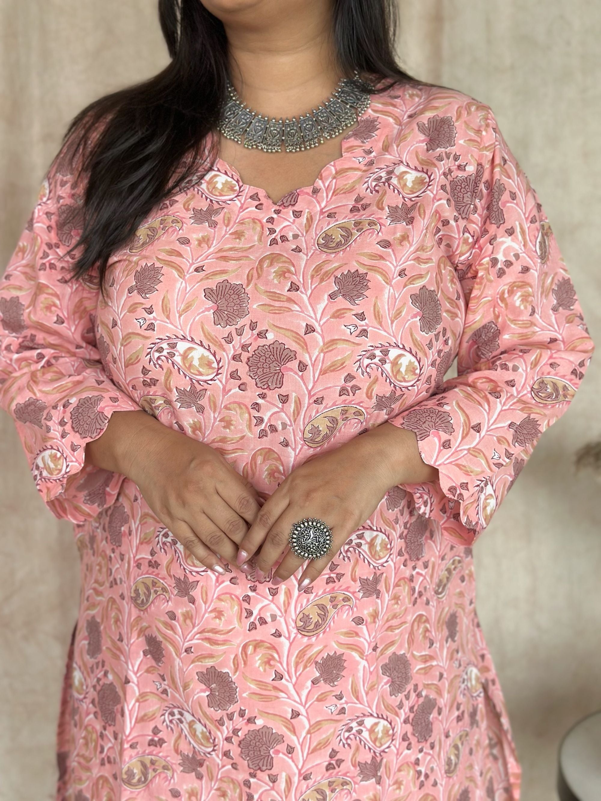 Guava Pink Block Printed Long Kurta