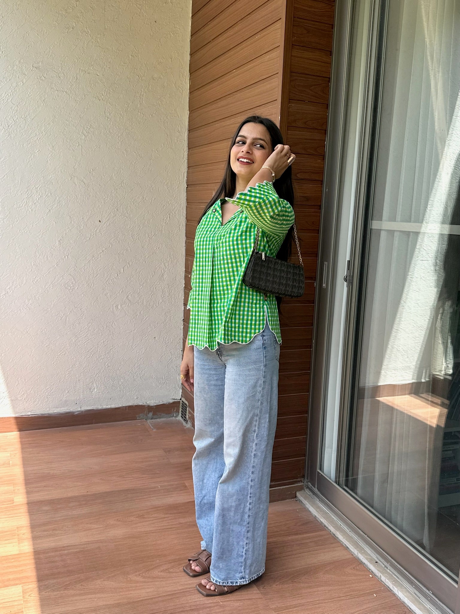 Parrot Green Gingham Scallop Top