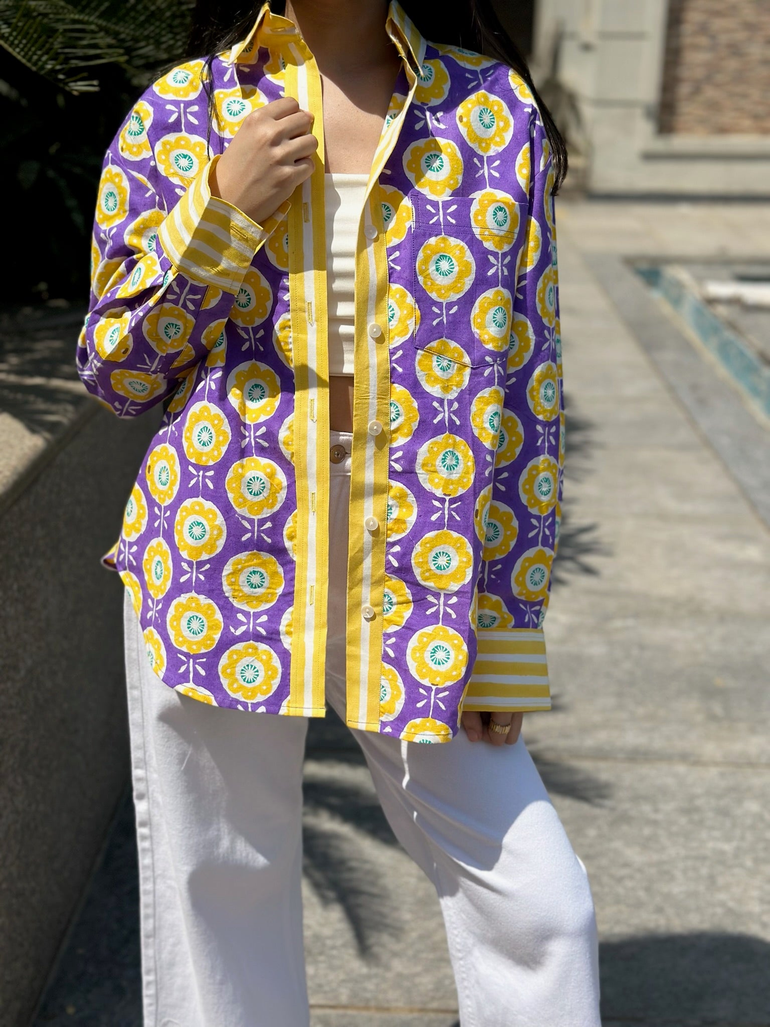 Abstract Floral Yellow Purple Shirt