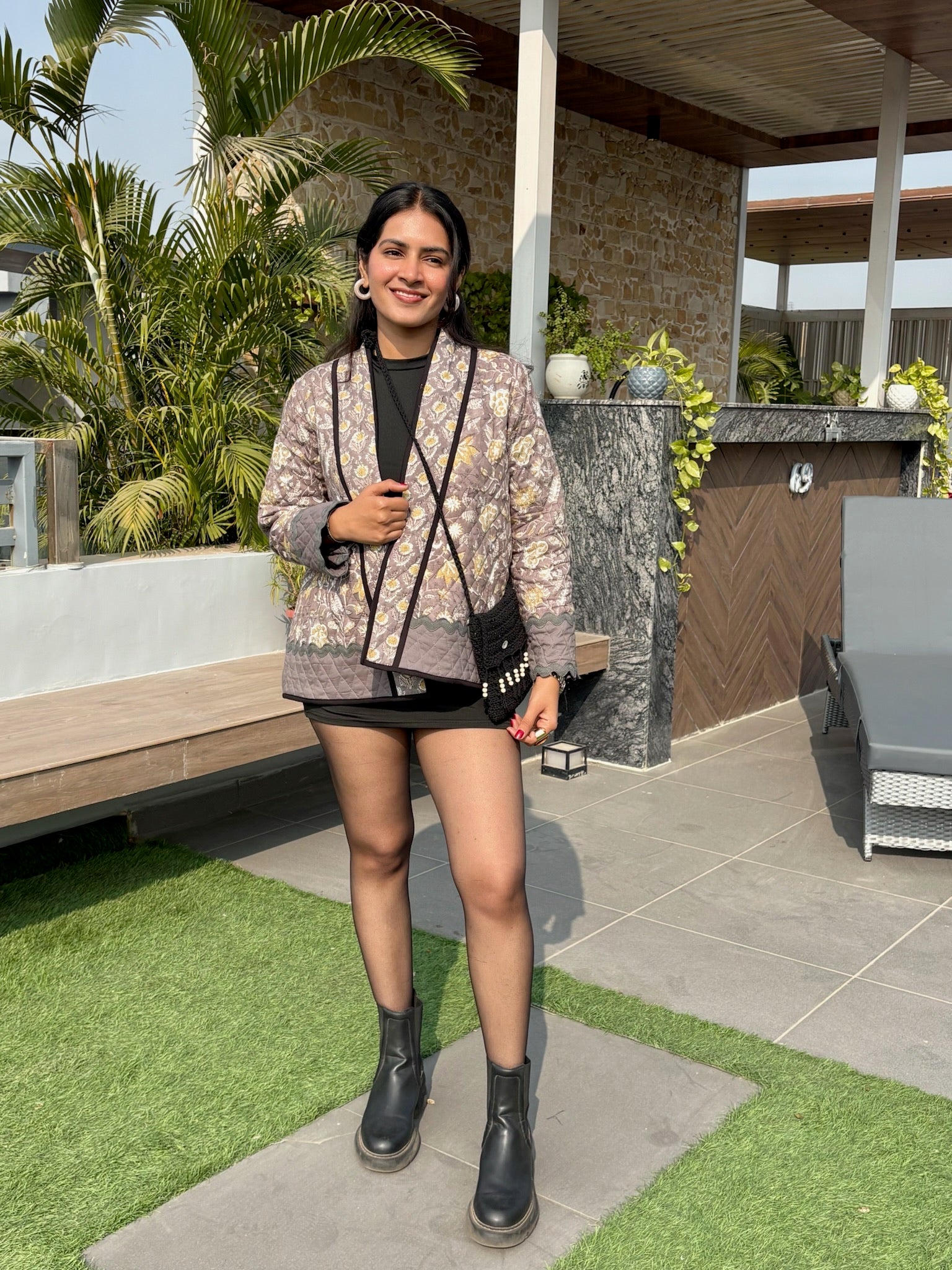 Grey Yellow Quilted Shrug