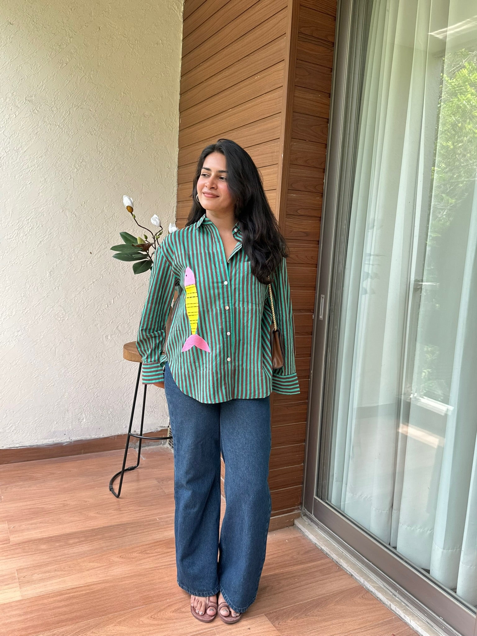 Green Yellow Contrast Fish Embroidery Shirt