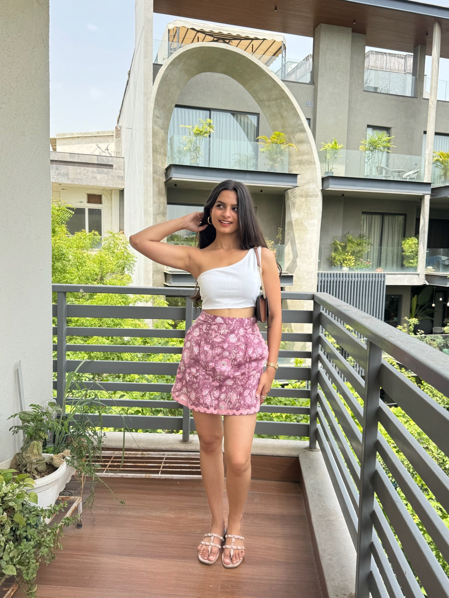 Mauve Pink Floral Printed Lace Skort
