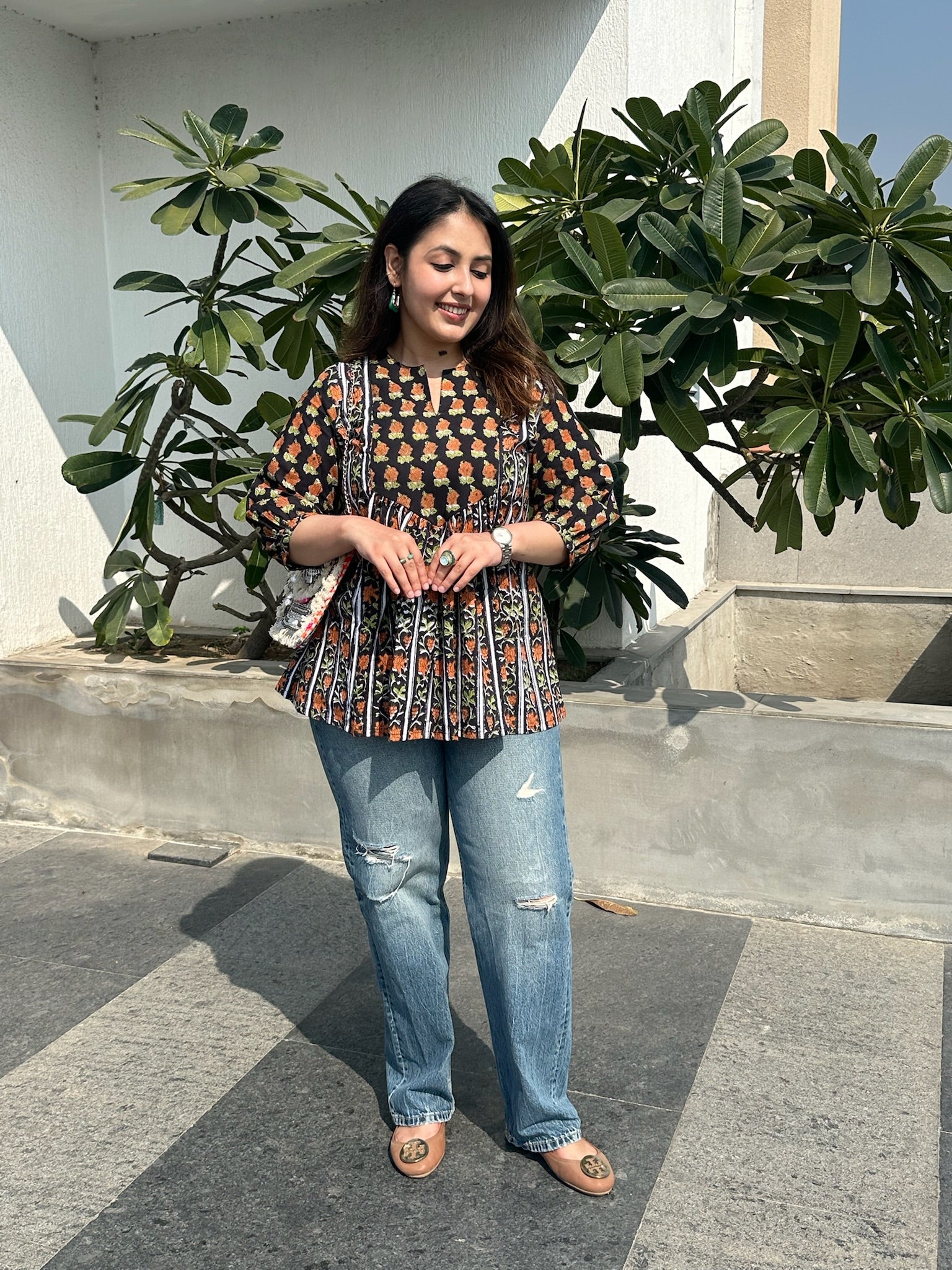 Black Narangi Gather Short Kurti