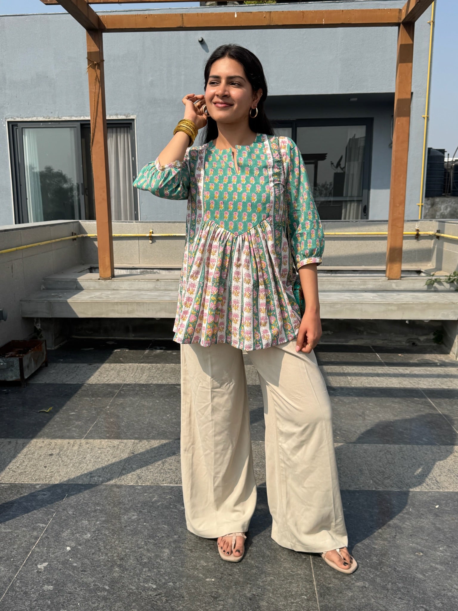 Turq Pink Bud Gather Short Kurti