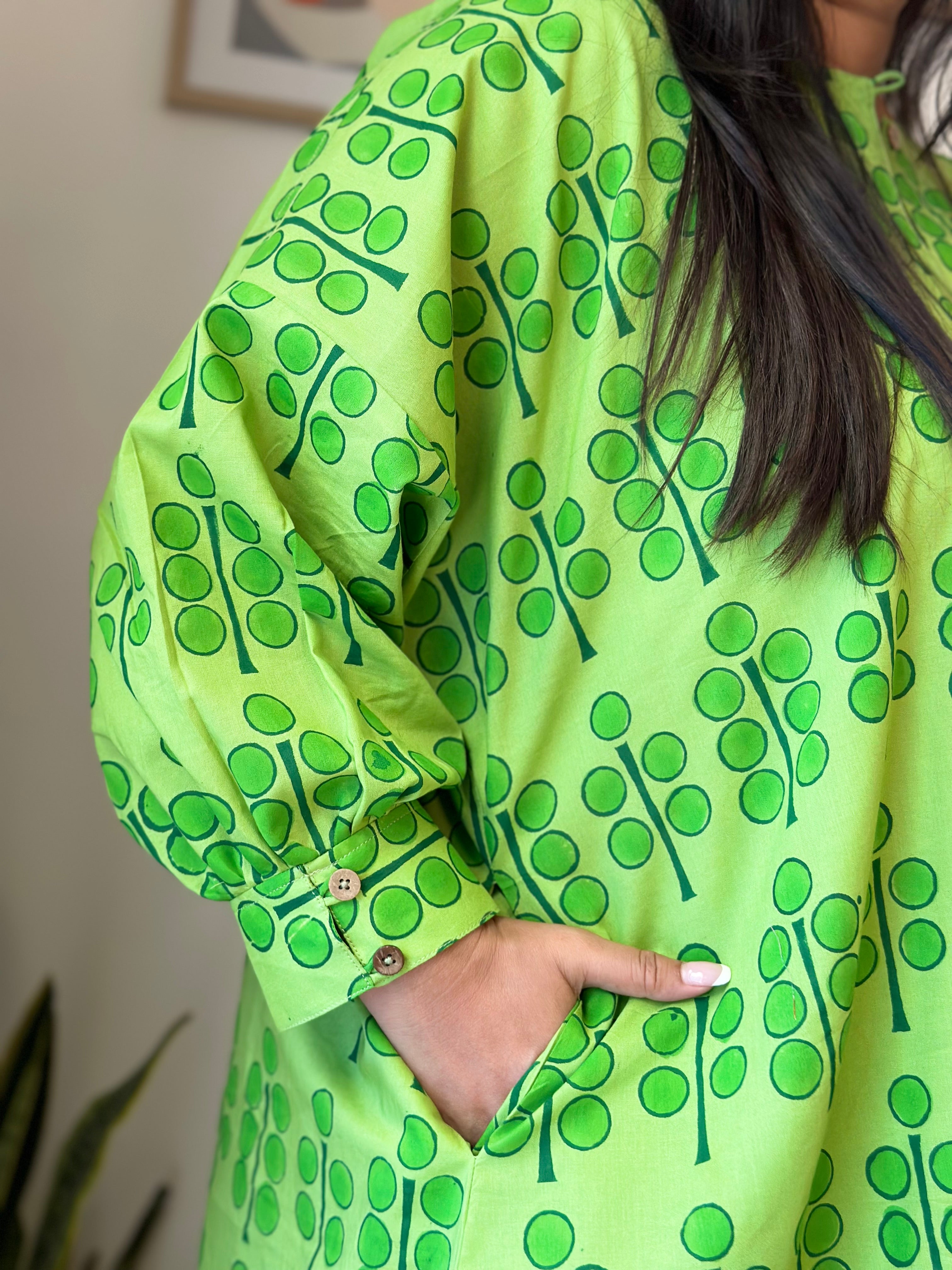 Boxy Polka Stem Green Block Printed Co-ord Set