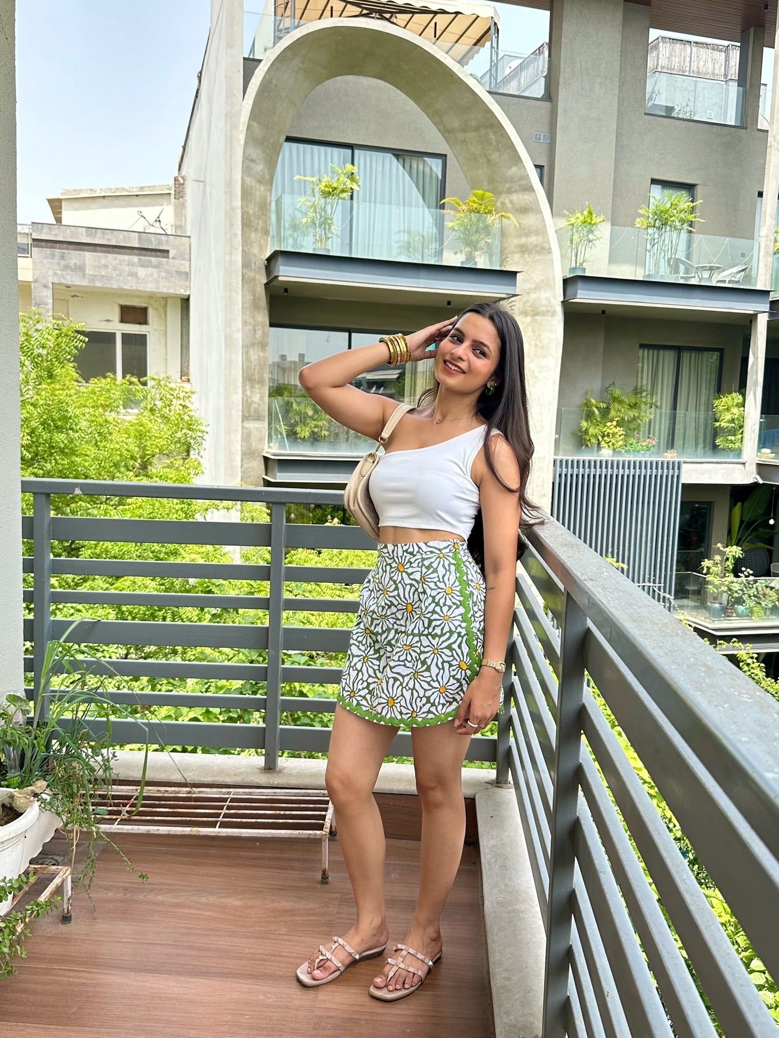 Olive Green Floral Printed Lace Skort