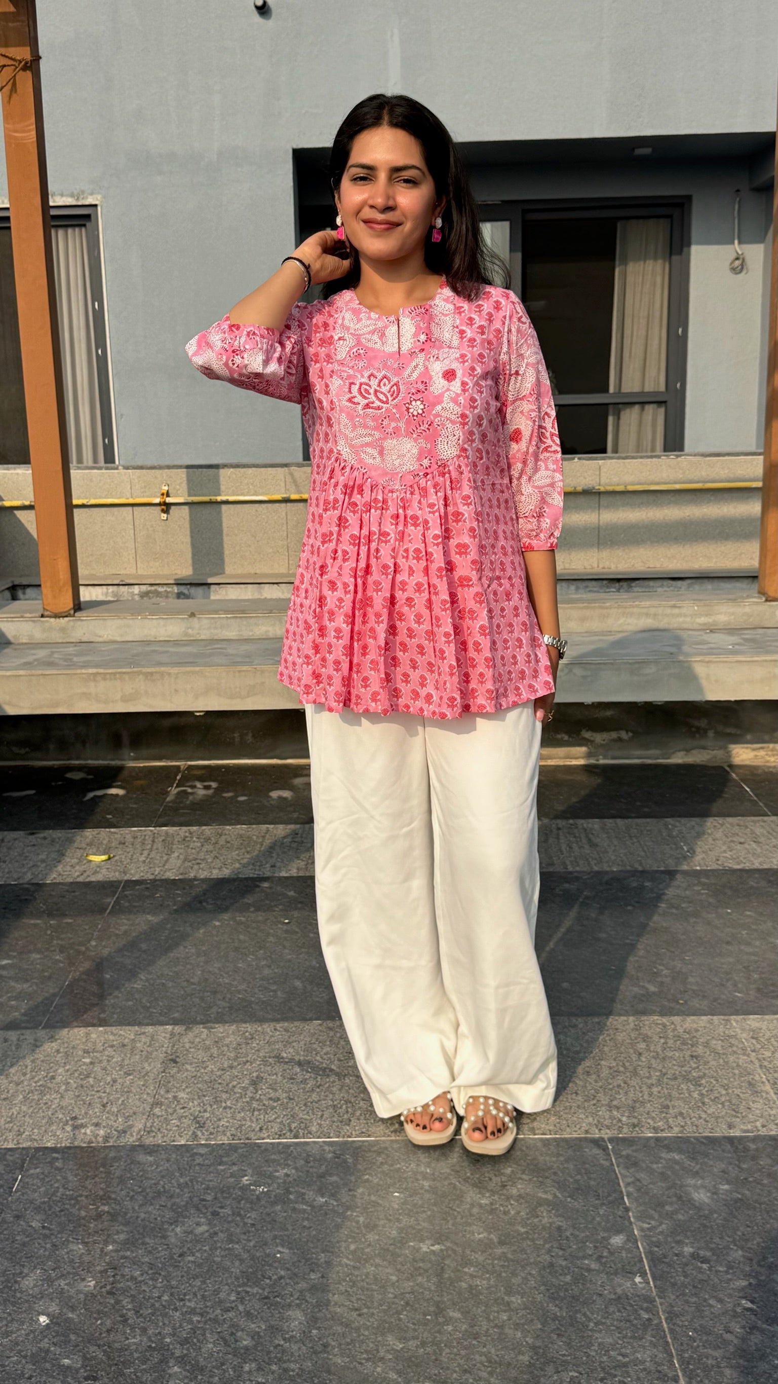 Peach Pink Gather Short Kurti