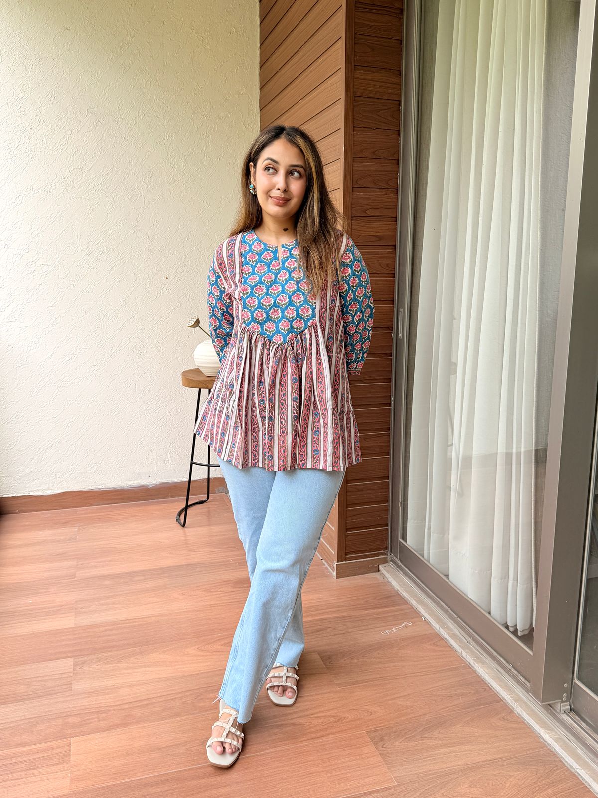 Mineral Blue Gather Short Kurti