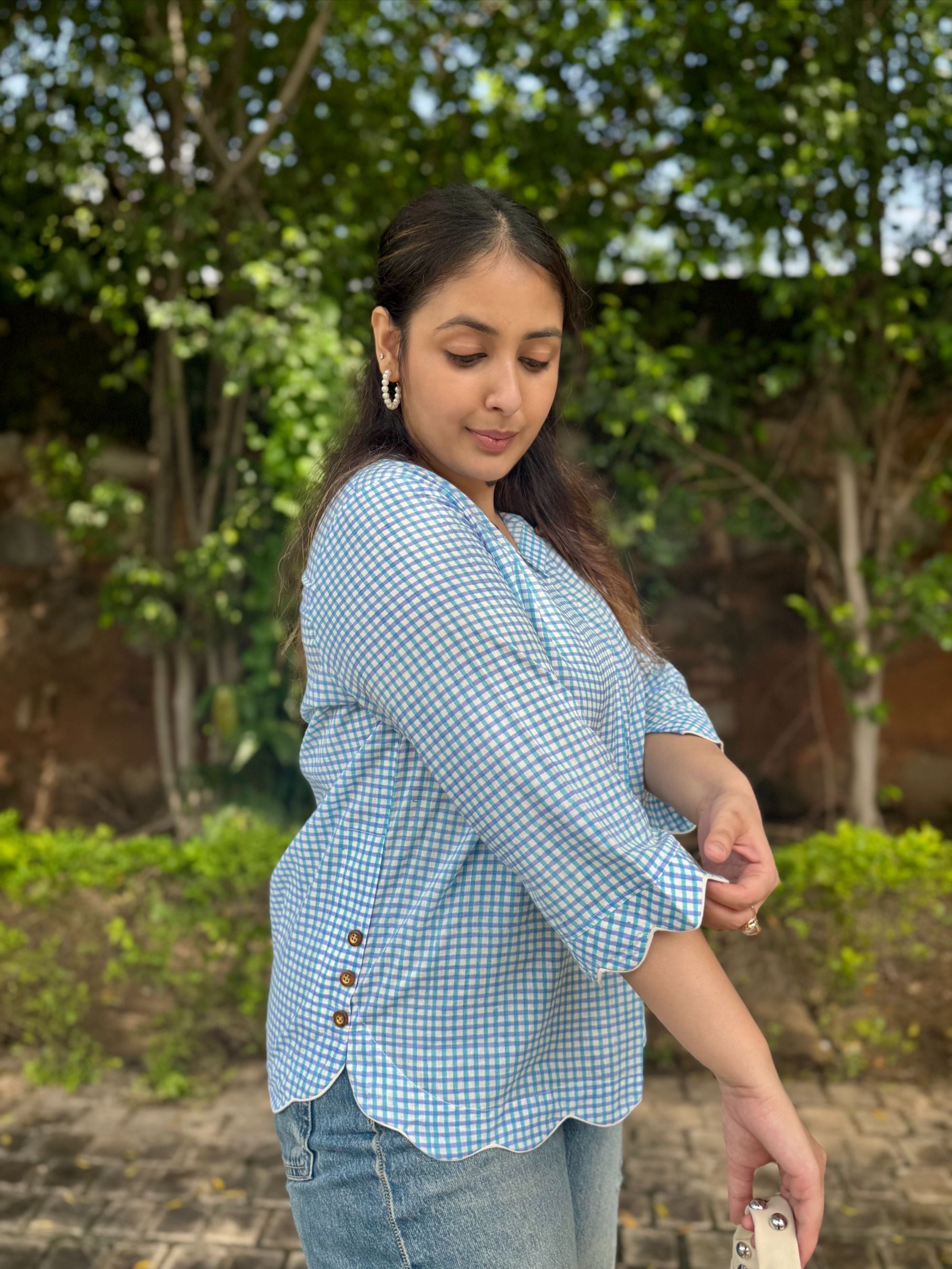 Turquoise Blue Gingham Scallop Top