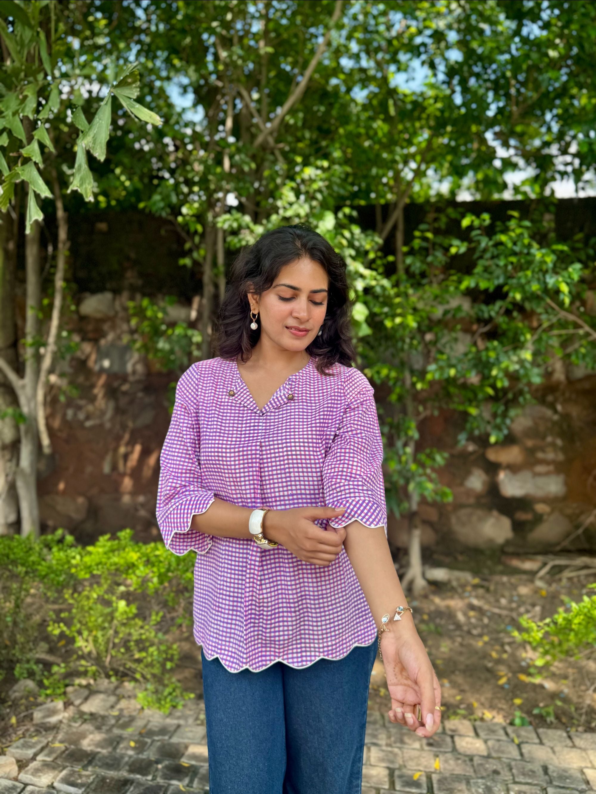 Pink Purple Gingham Scallop Top