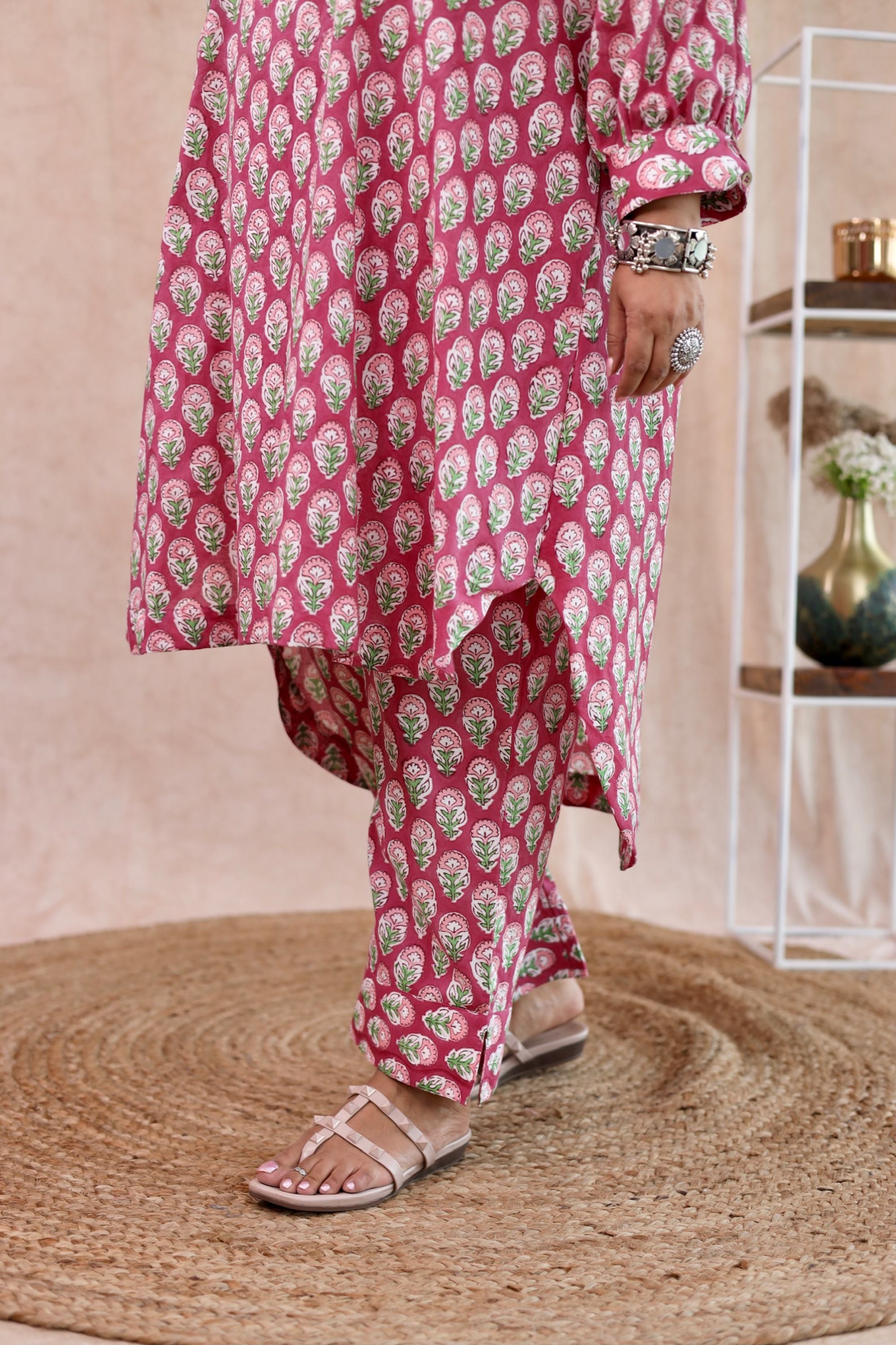 Boxy Green Pink Block Printed Co Ord Set