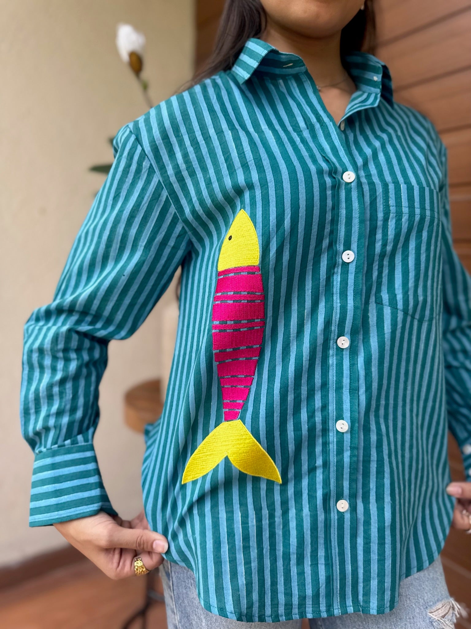 Teal Pink Contrast Fish Embroidery