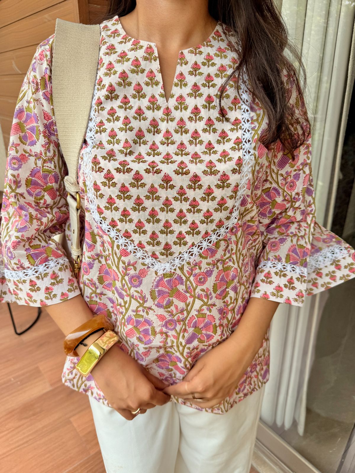 Phoolwari Yoke Lace Short Kurti