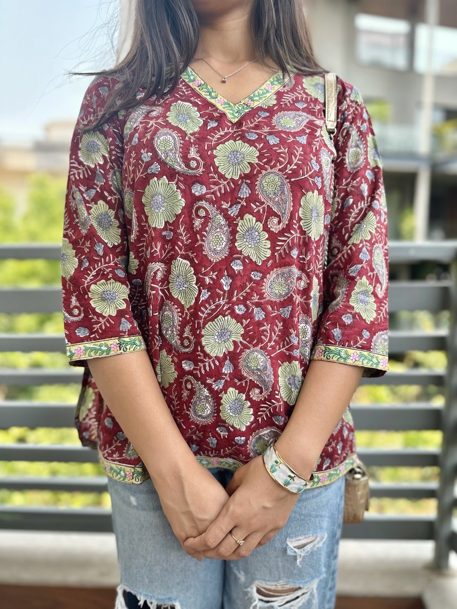 Autumn Vine Maroon Short Kurti