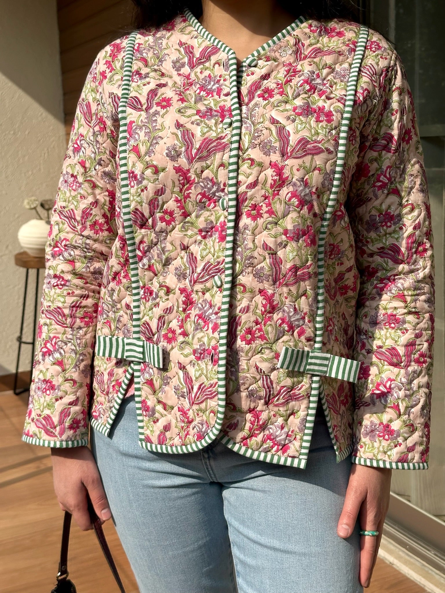 Floral Taupe Bow Quilted Jacket