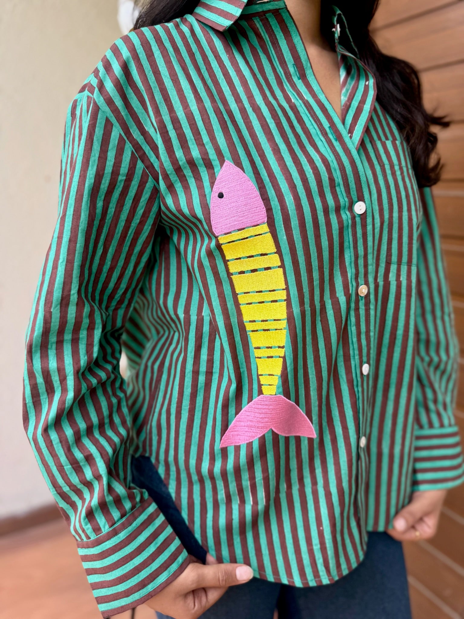 Green Yellow Contrast Fish Embroidery Shirt
