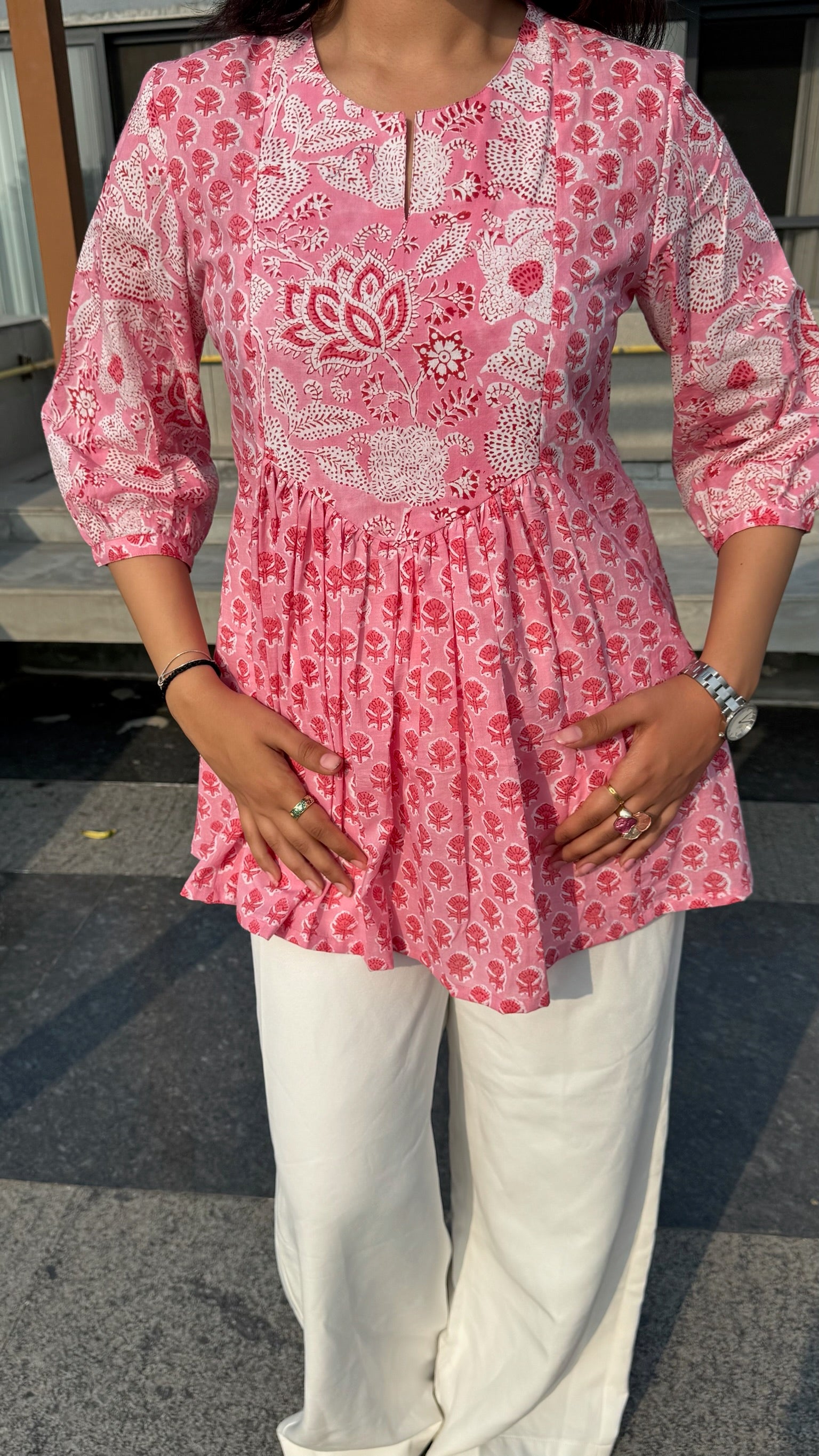Peach Pink Gather Short Kurti