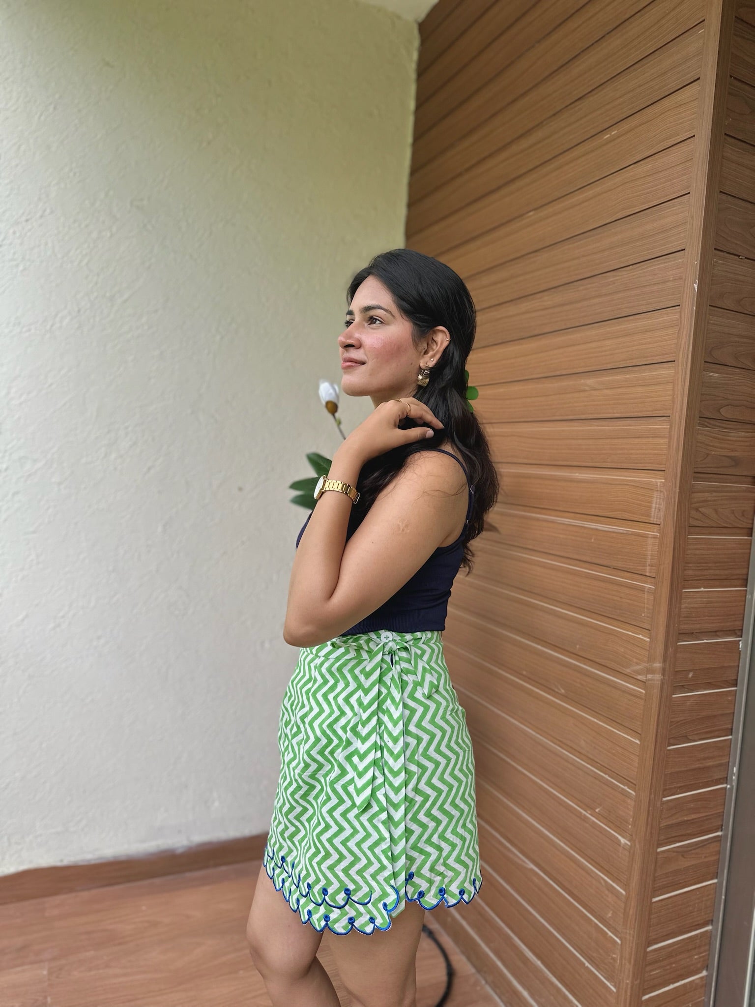 Blue Green Zig Zag Embroidery Skort