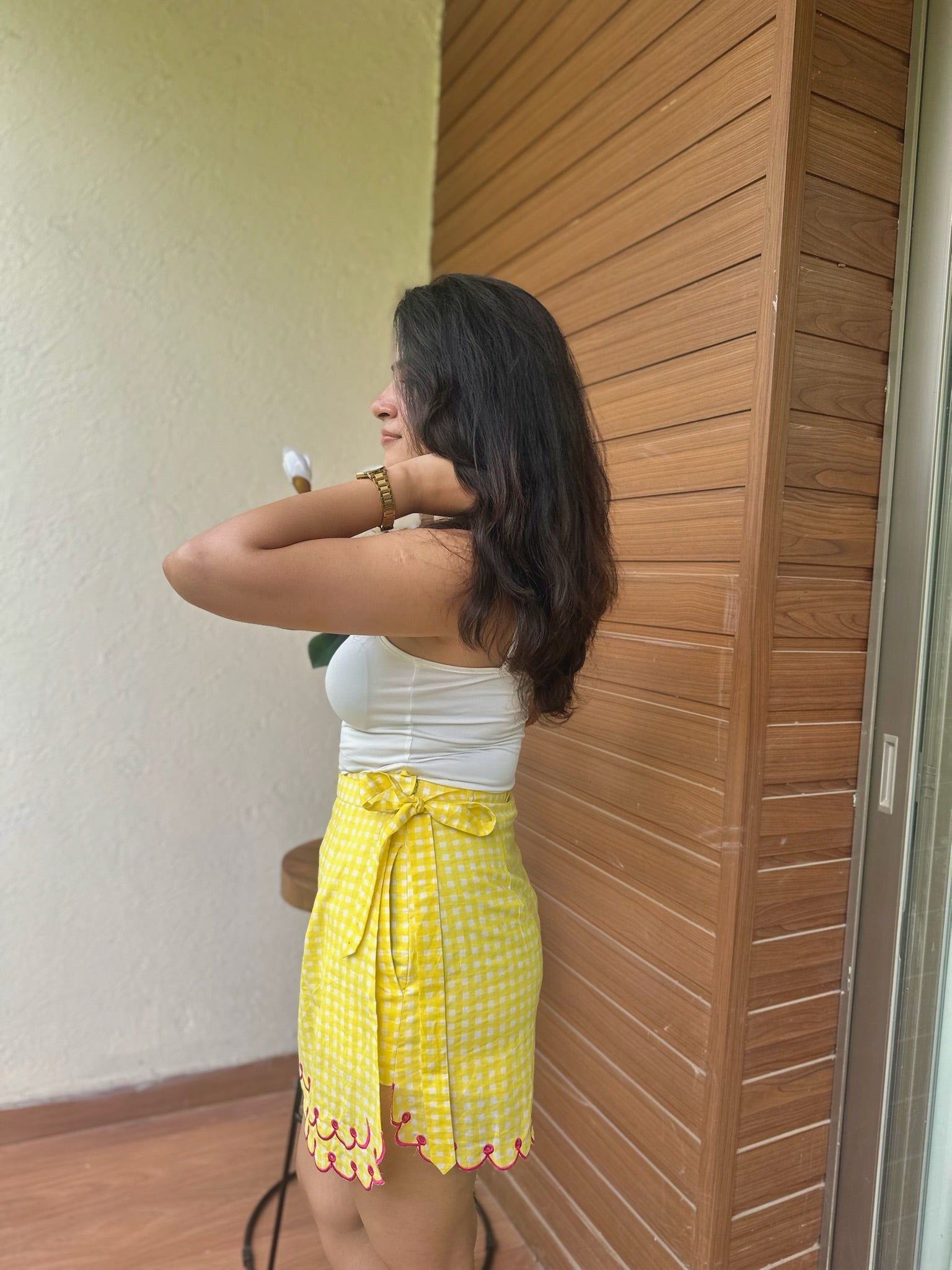 Pink Yellow Checkered Embroidery Skort