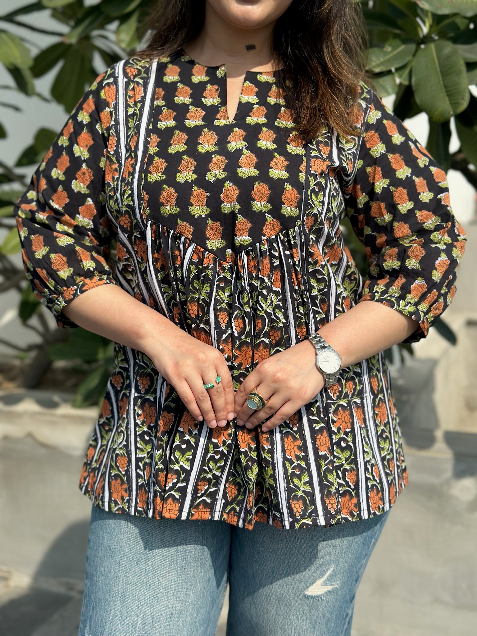 Black Narangi Gather Short Kurti