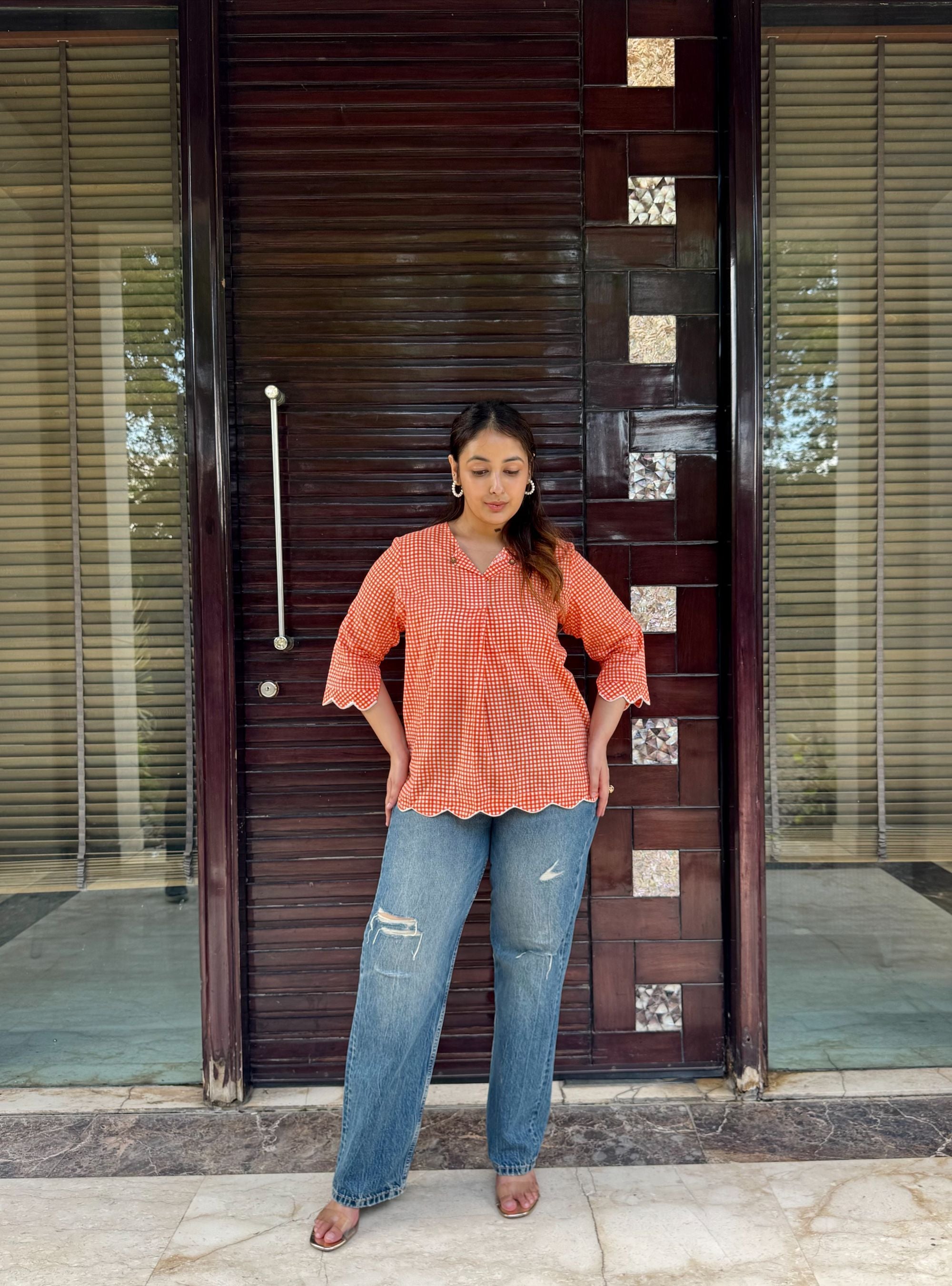 Orange Gingham Scallop Top