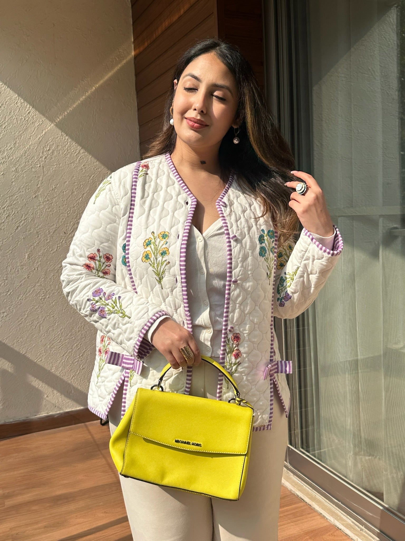 Bouquet Printed Bow Quilted Jacket