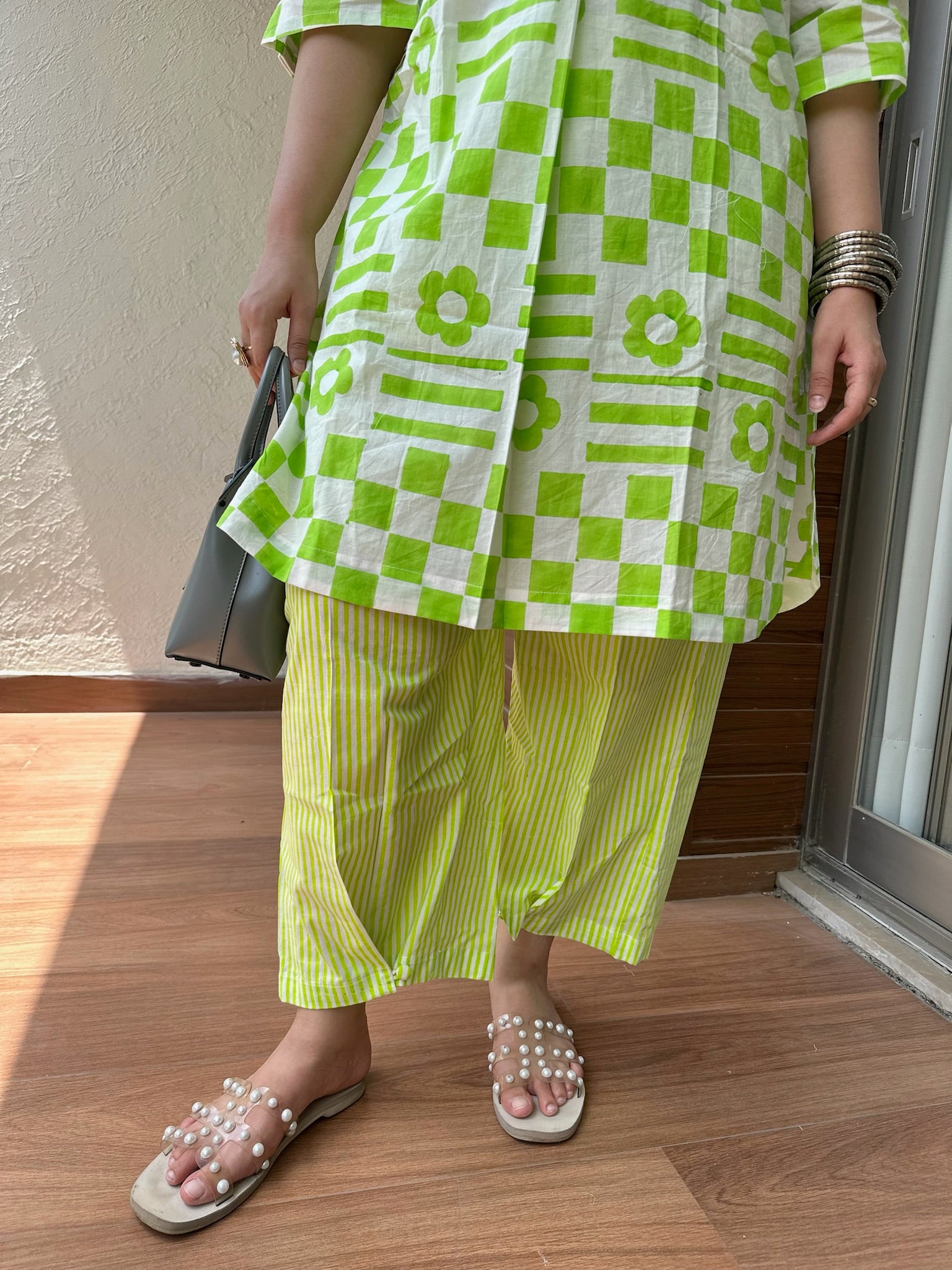 Lime Check Side Placket Boxy Co-ord Set