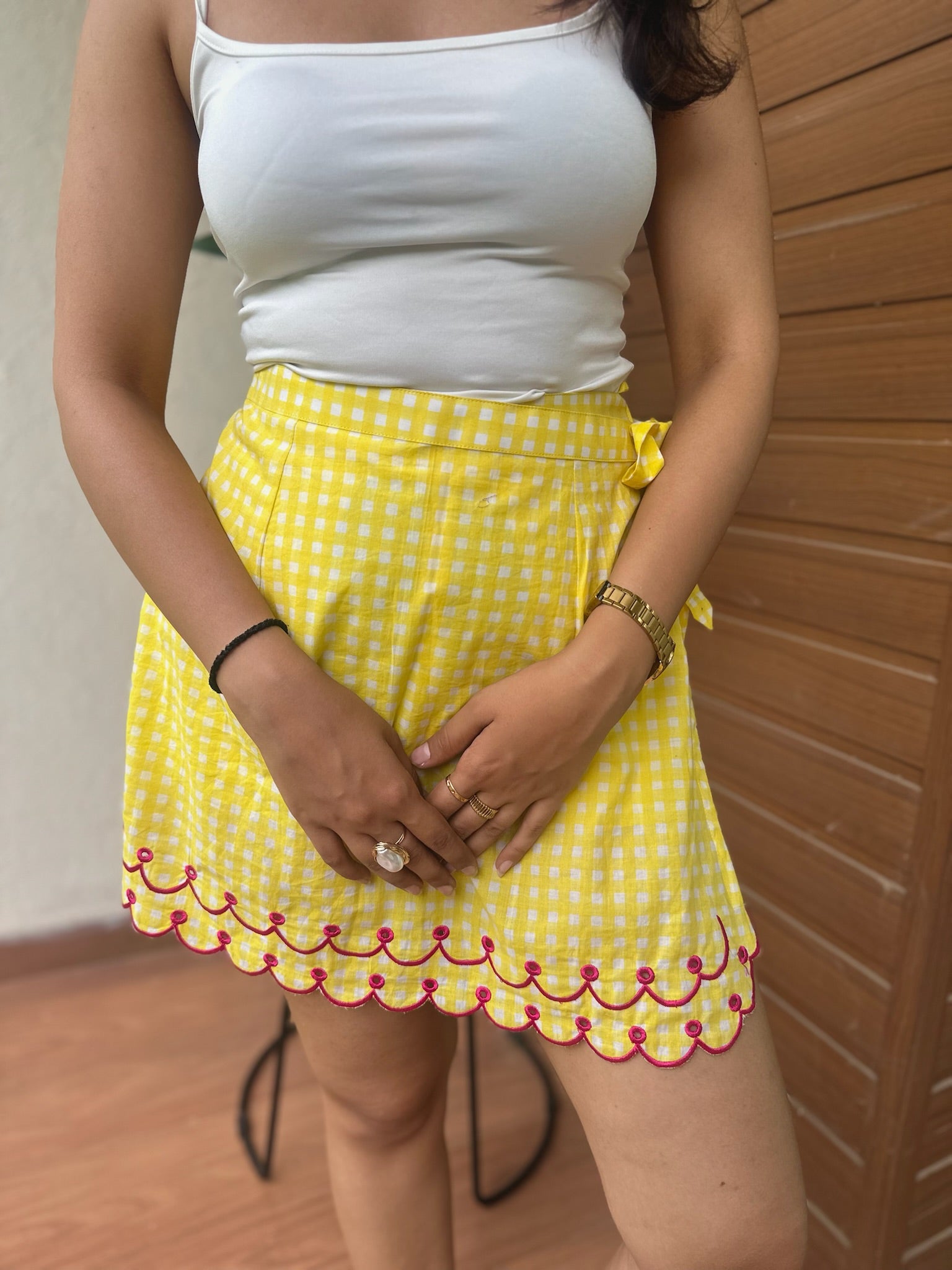 Pink Yellow Checkered Embroidery Skort
