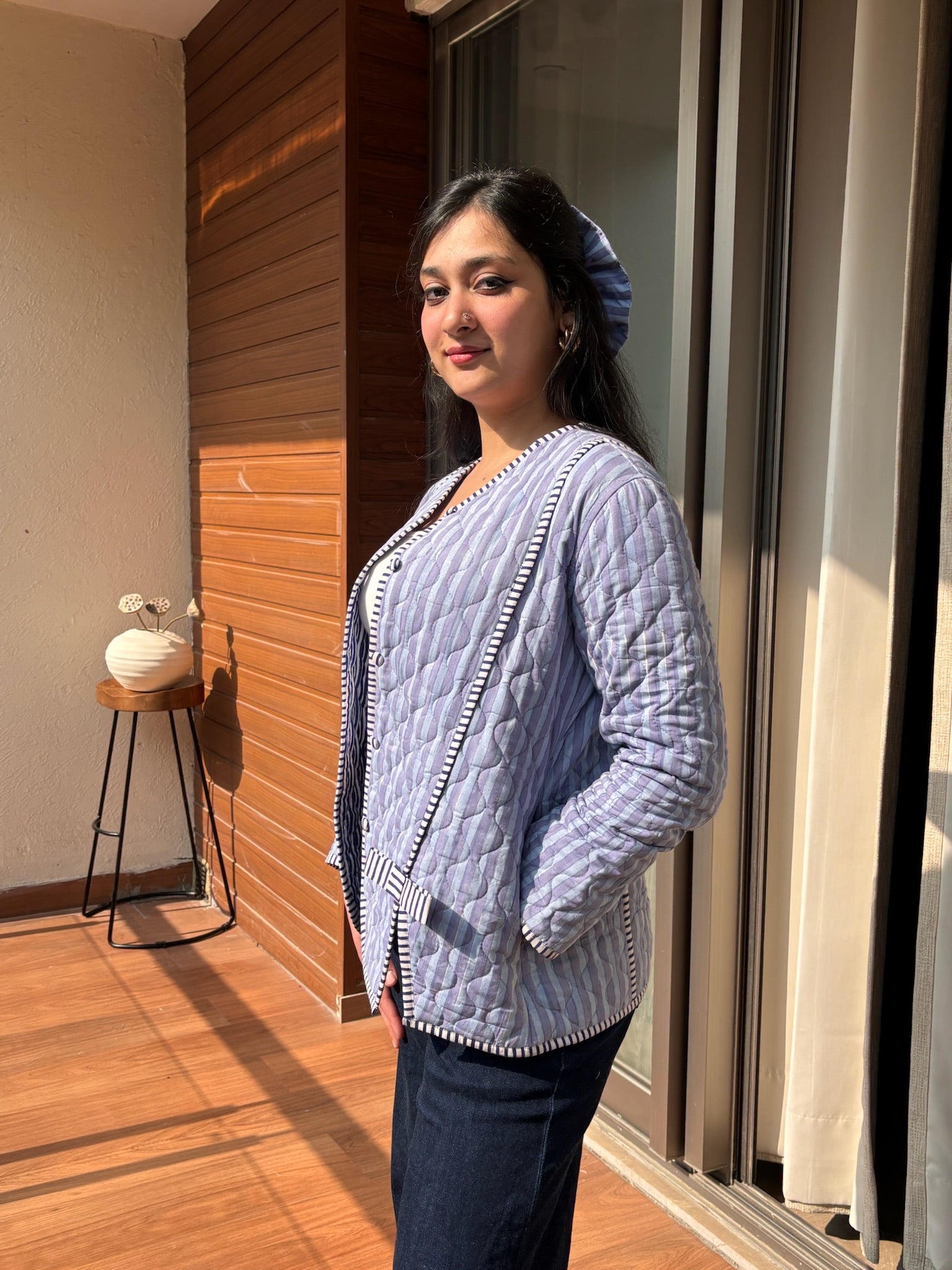 Misty Blue Bow Quilted Jacket