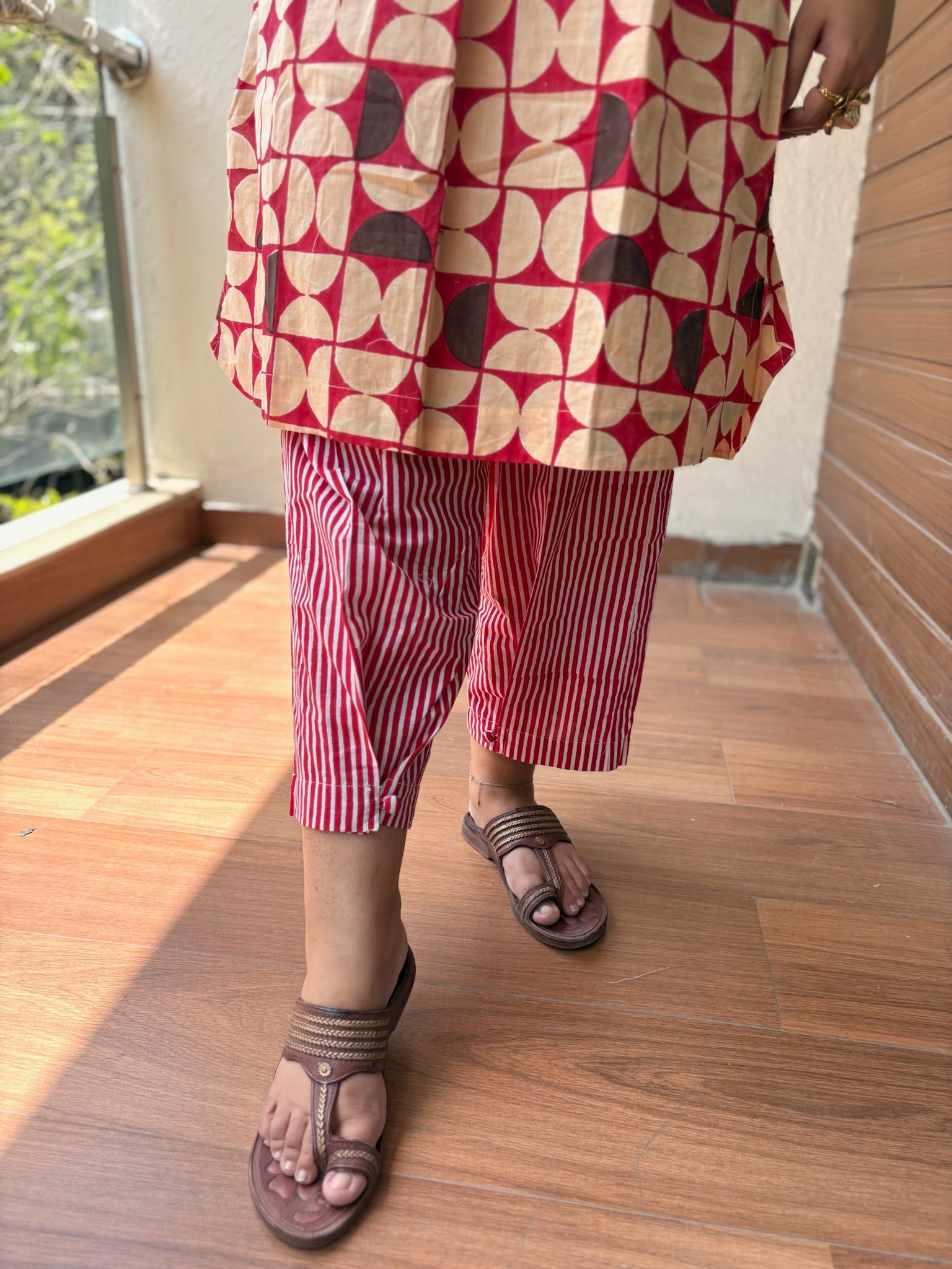 Geometric Red Side Placket Boxy Co-Ord Set