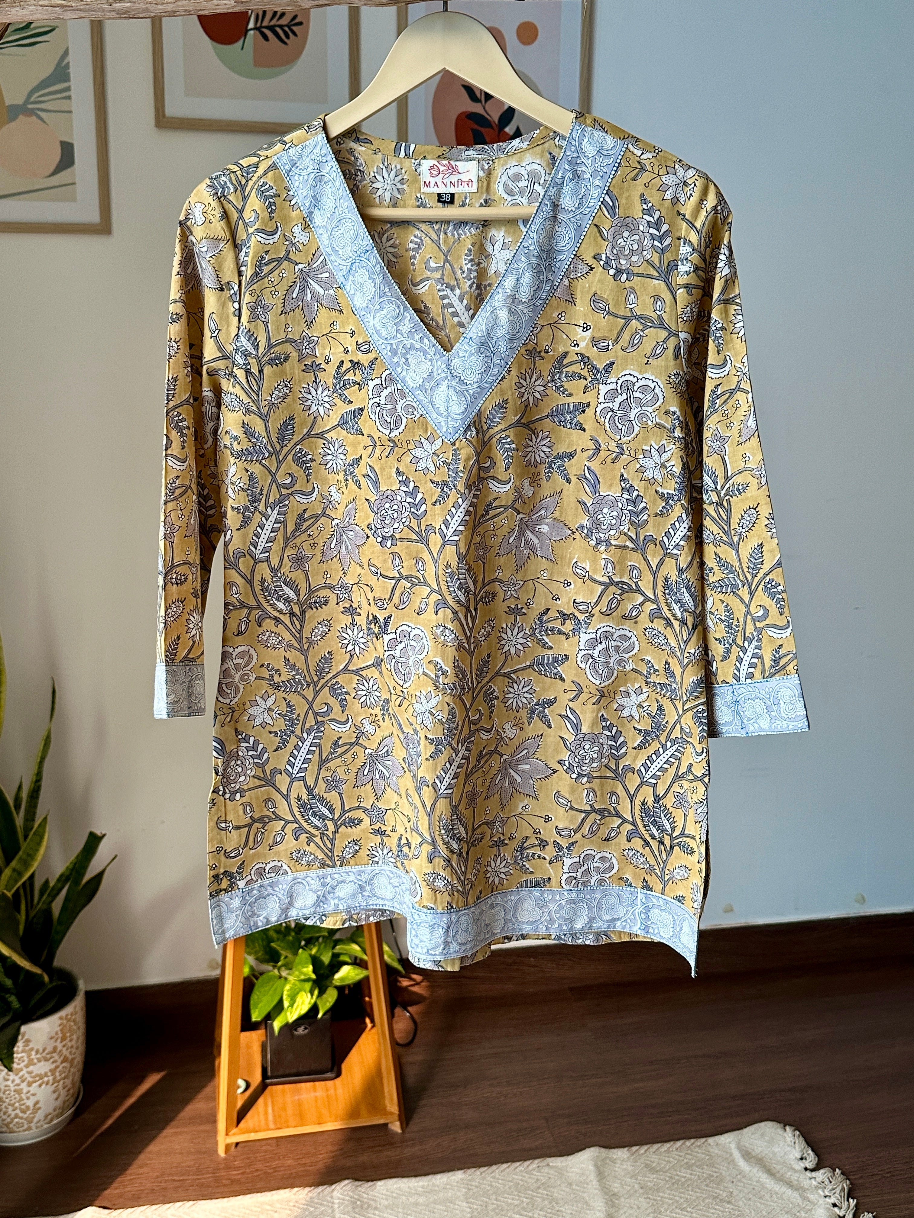 Block printed high low short kurti- Yellow Ochre