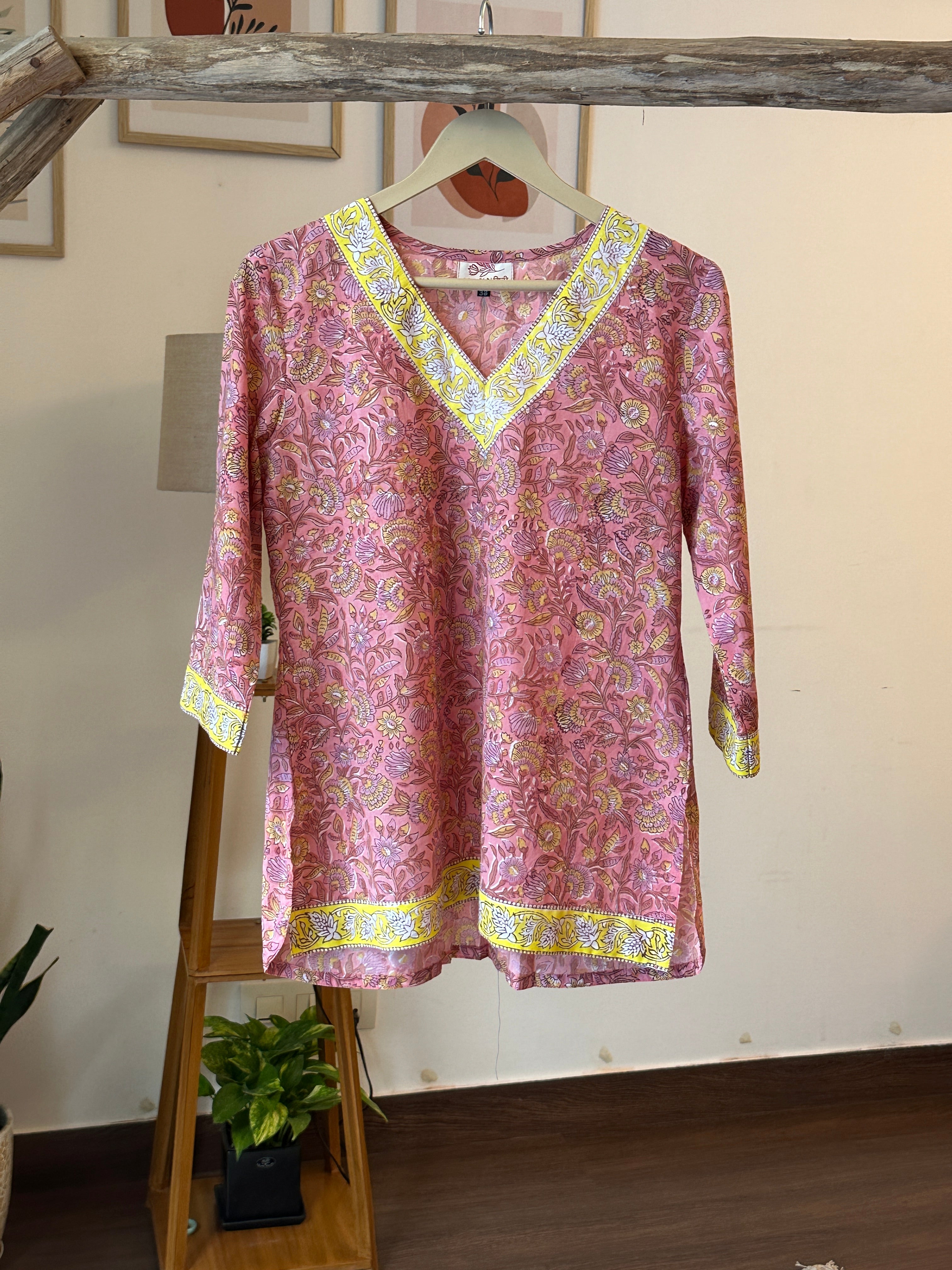 Block printed high low short kurti- blossom pink