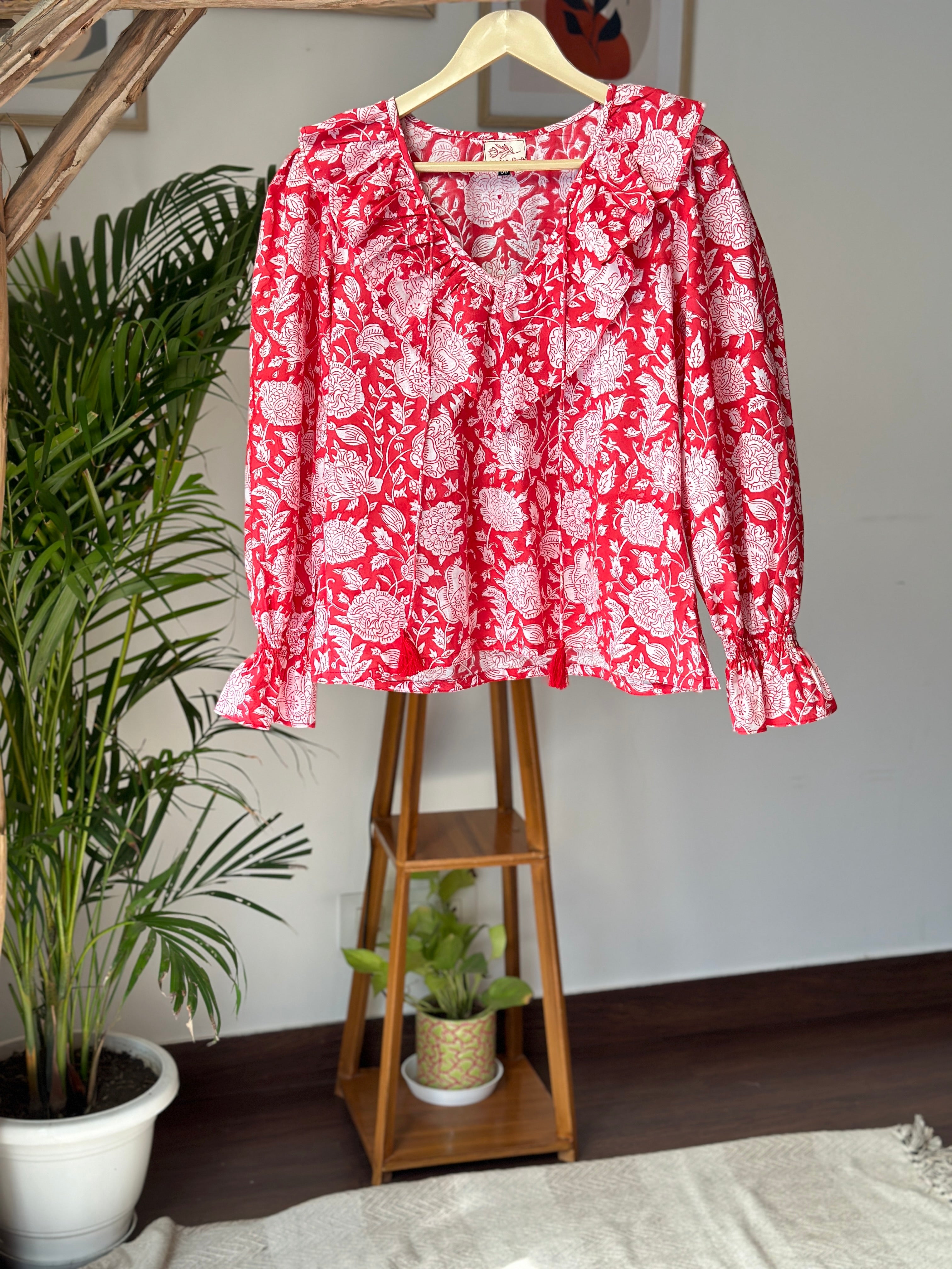 Bright Red Floral Top