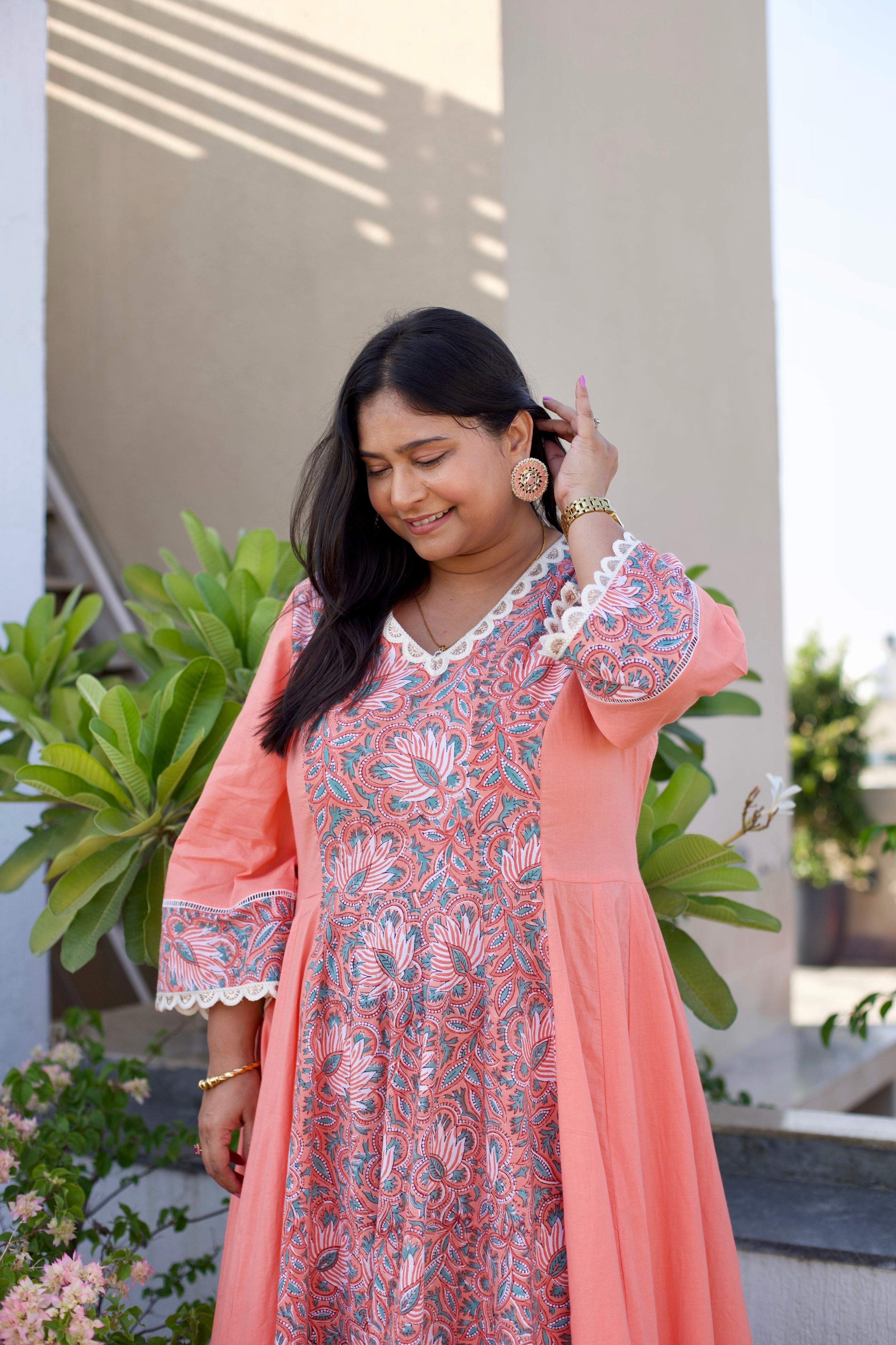 Floral Printed Anarkali- Peach