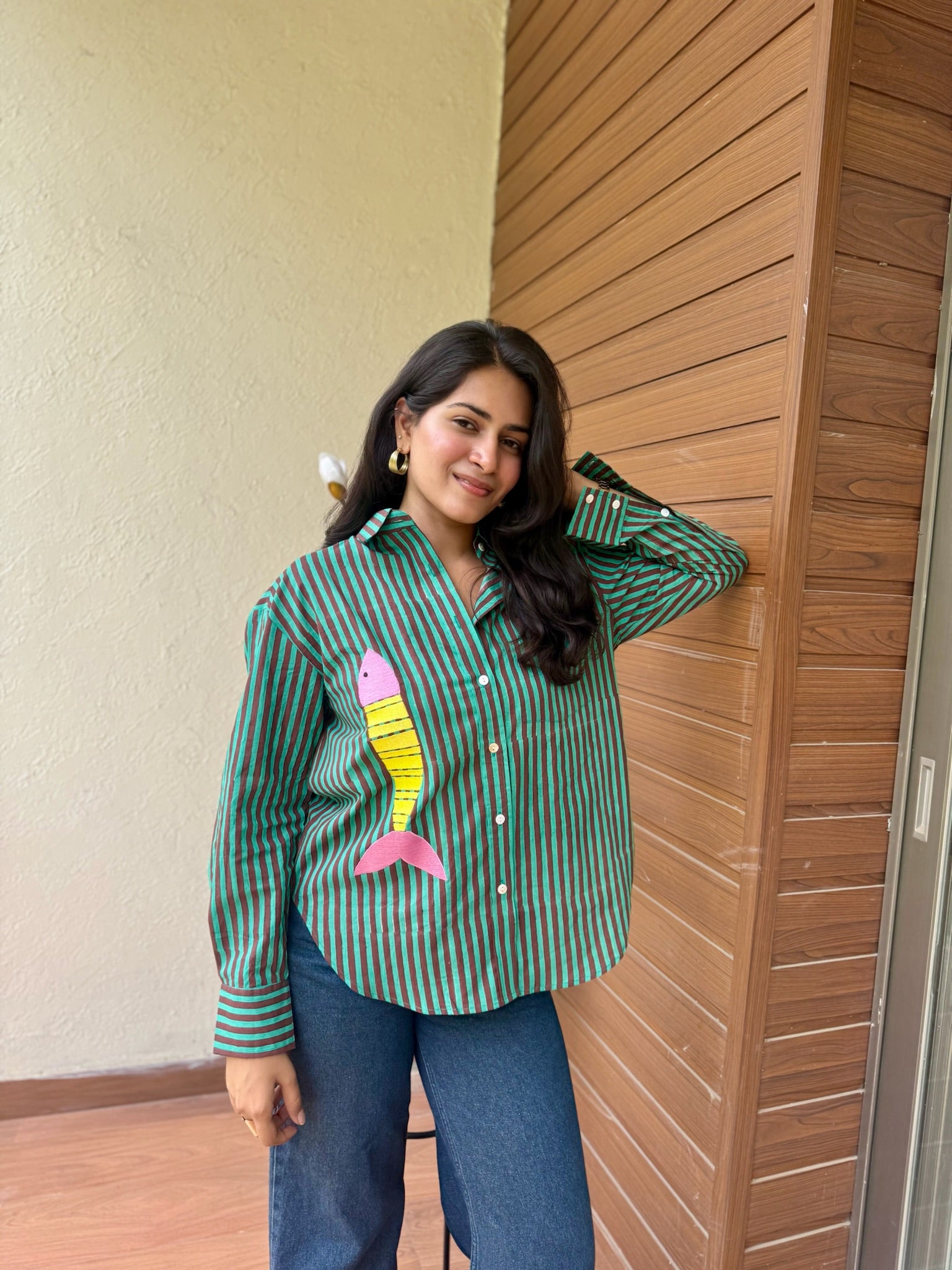 Green Yellow Contrast Fish Embroidery